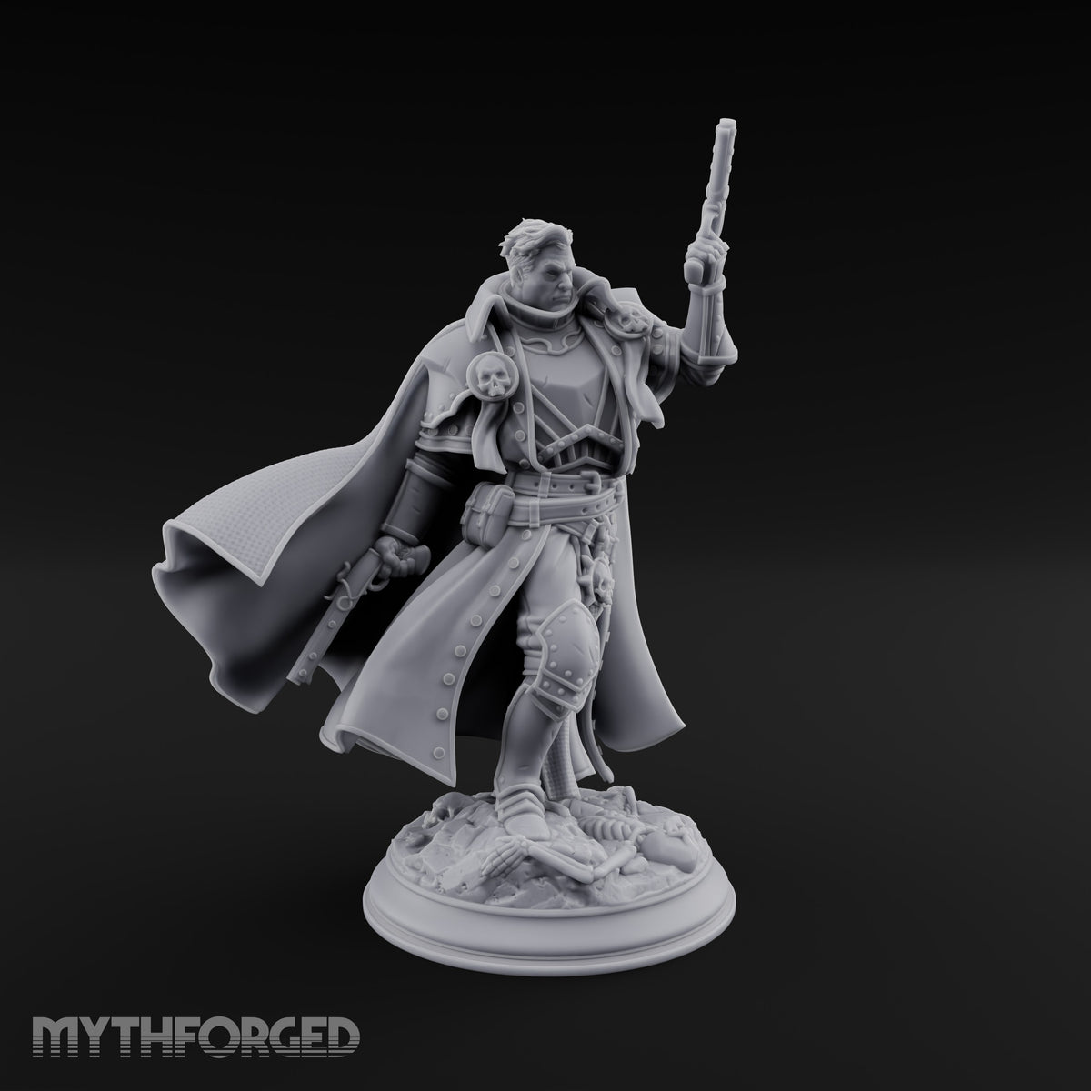 Unimpressed by Bones Underfoot Human Pistol Officer in Skull-Badged Greatcoat and Cape