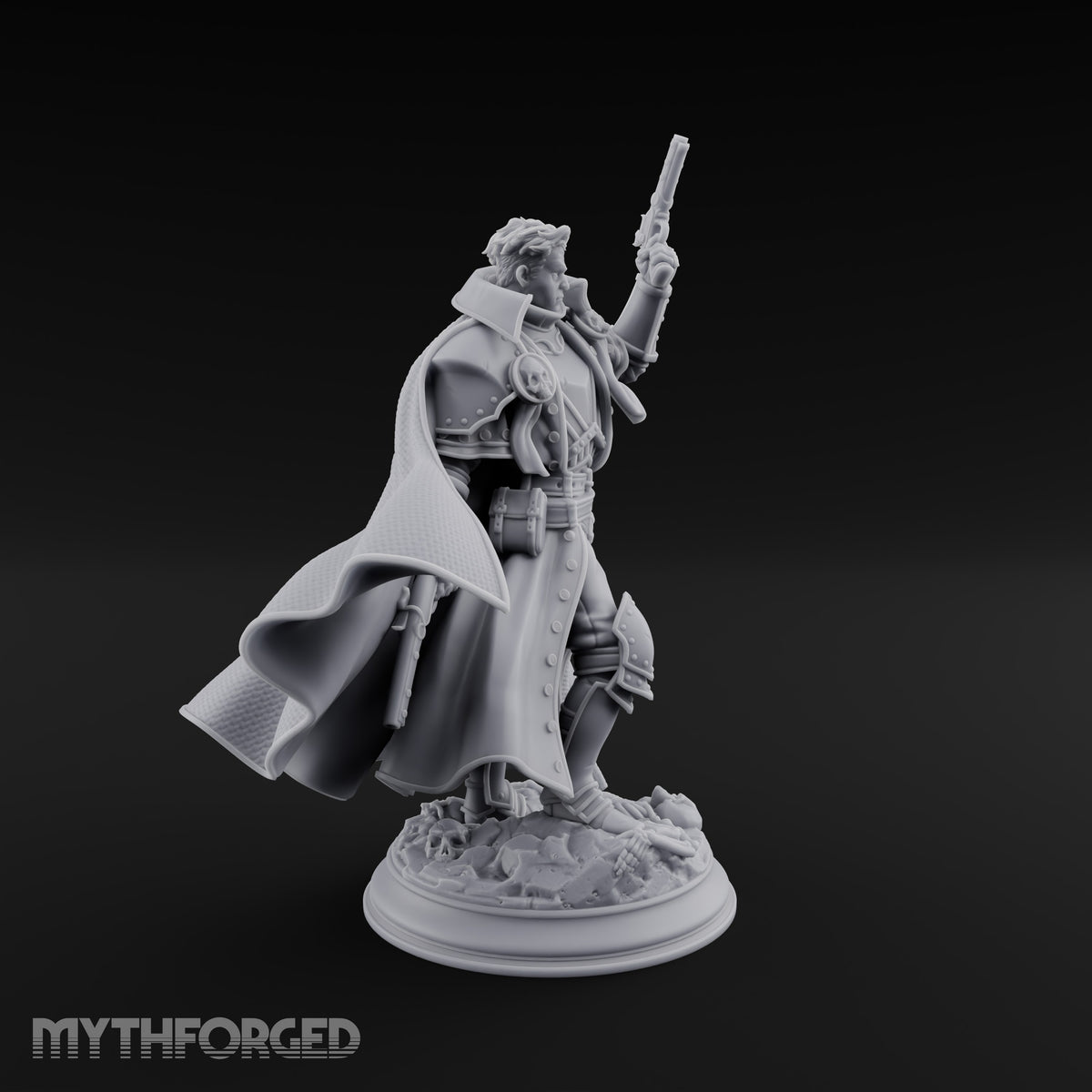 Unimpressed by Bones Underfoot Human Pistol Officer in Skull-Badged Greatcoat and Cape