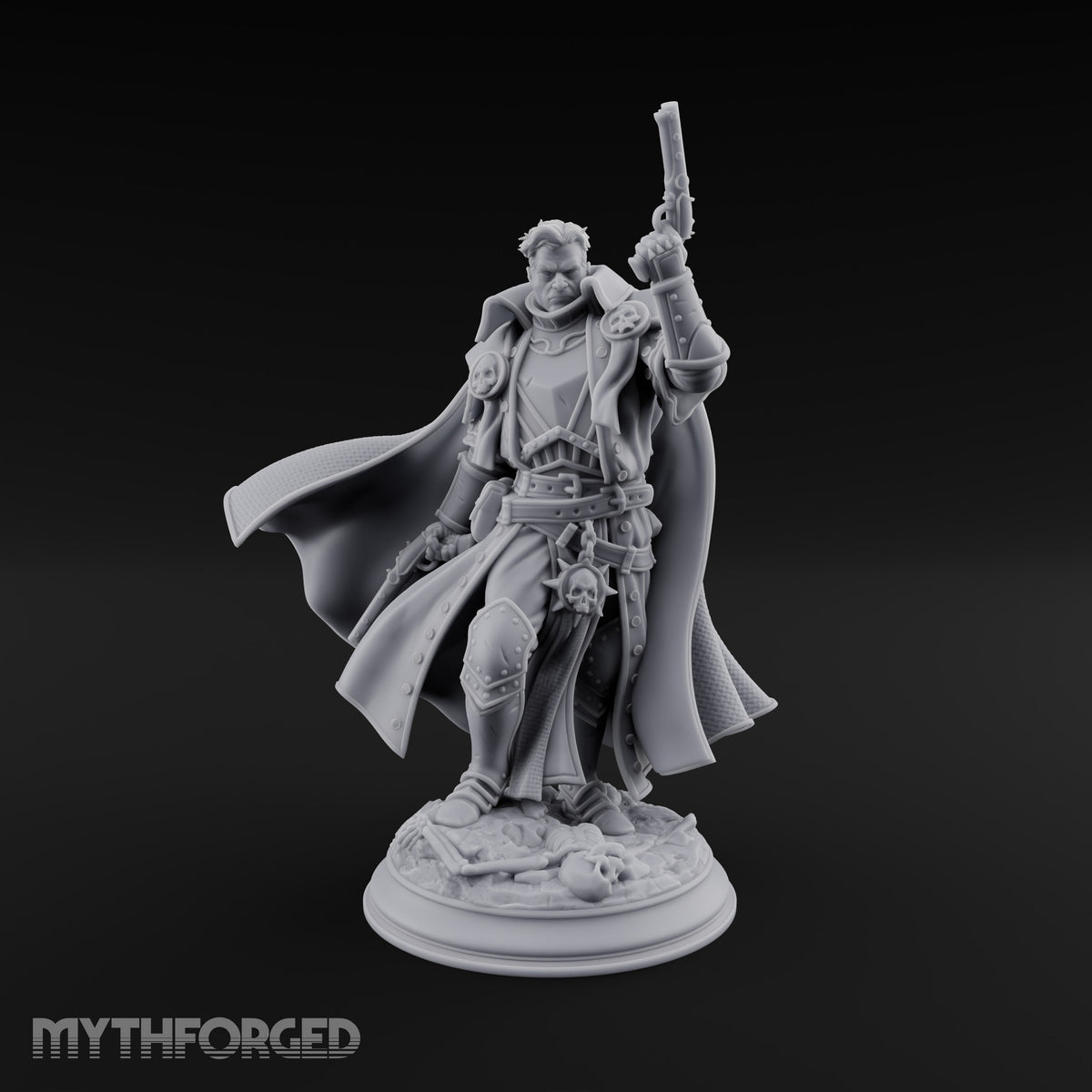 Unimpressed by Bones Underfoot Human Pistol Officer in Skull-Badged Greatcoat and Cape