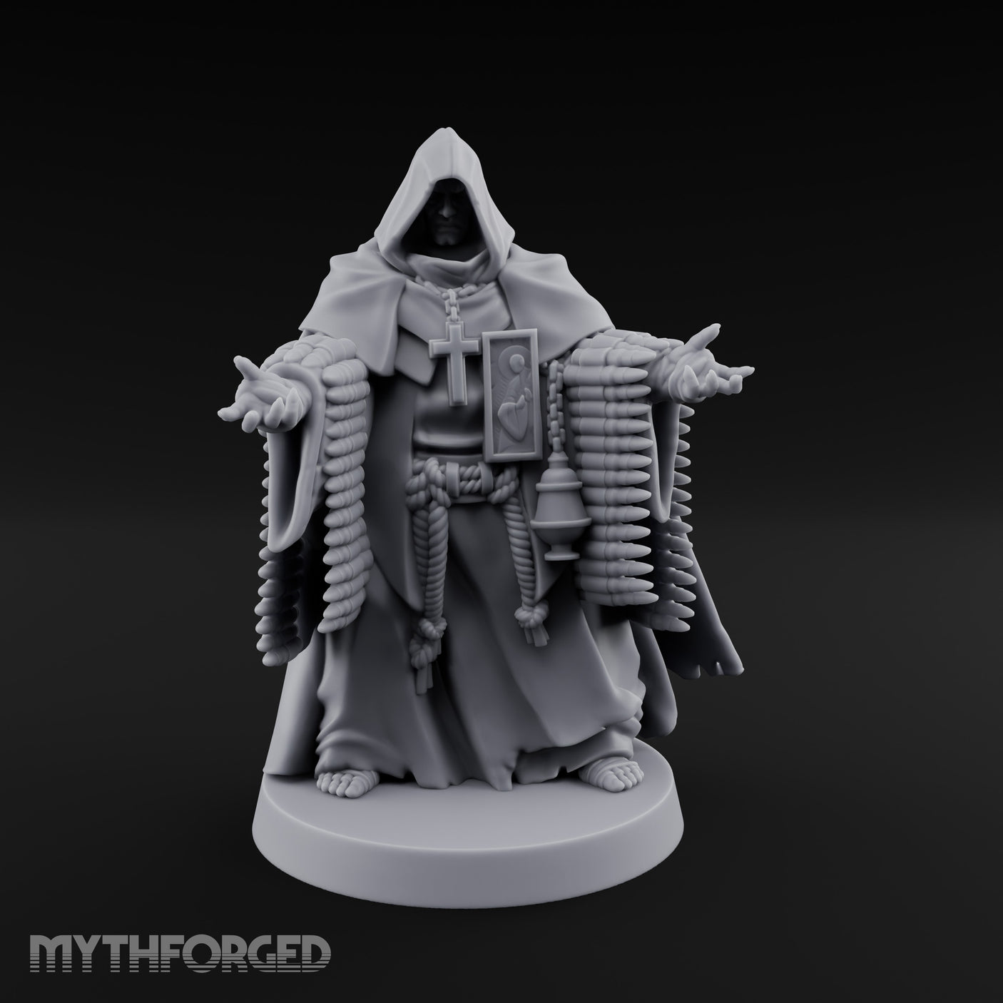 Ammo Draped Cross Bearing Human Monk — None