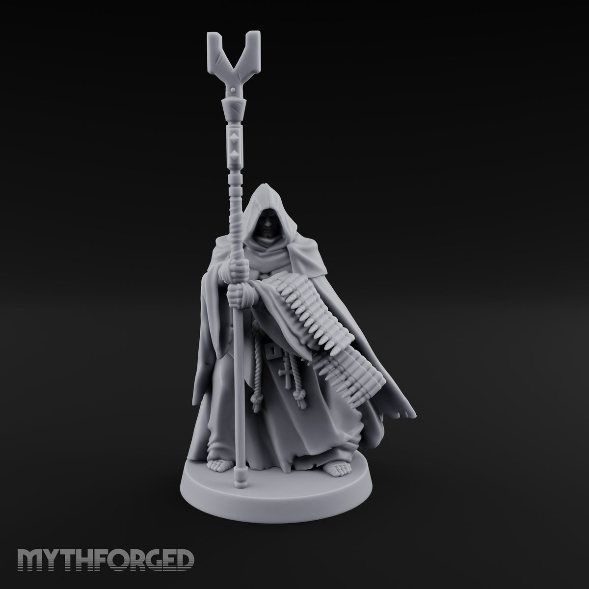 Ammo Draped Fork Staff Gripping Human Monk Miniature for Dungeons and Dragons, Pathfinder or other TTRPGs
