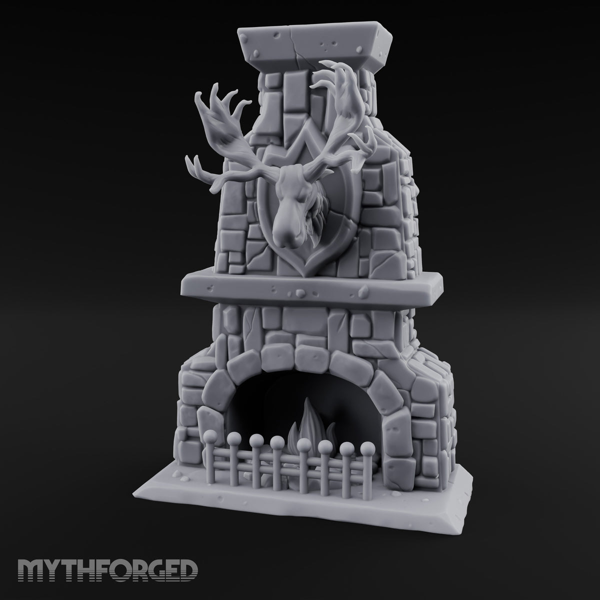 Antler-Mounted Flame-Grated Hunter's Lodge Stone Fireplace Miniature for Dungeons and Dragons, Pathfinder or other TTRPGs