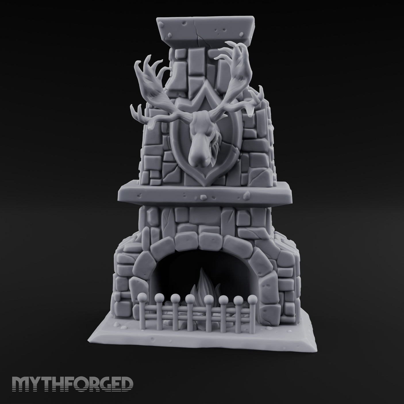 Antler-Mounted Flame-Grated Hunter's Lodge Stone Fireplace Miniature for Dungeons and Dragons, Pathfinder or other TTRPGs