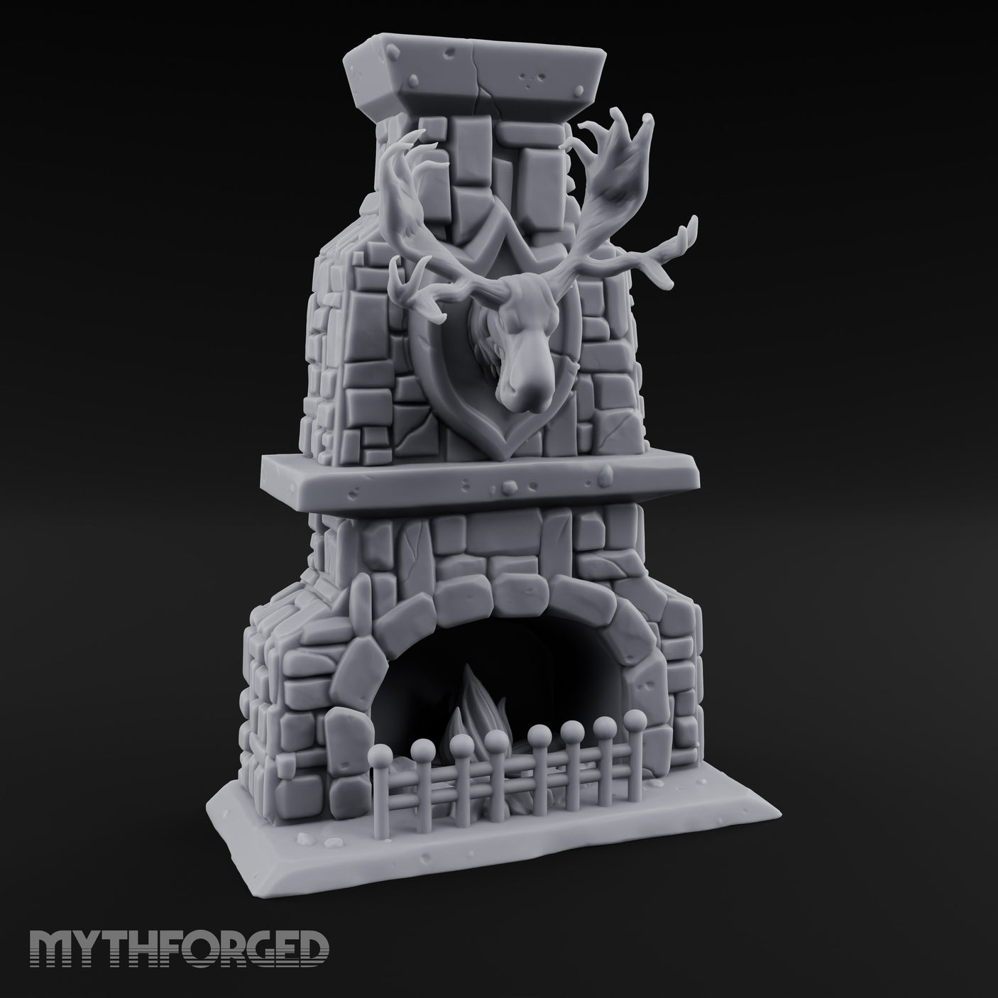 Antler-Mounted Flame-Grated Hunter's Lodge Stone Fireplace Miniature for Dungeons and Dragons, Pathfinder or other TTRPGs