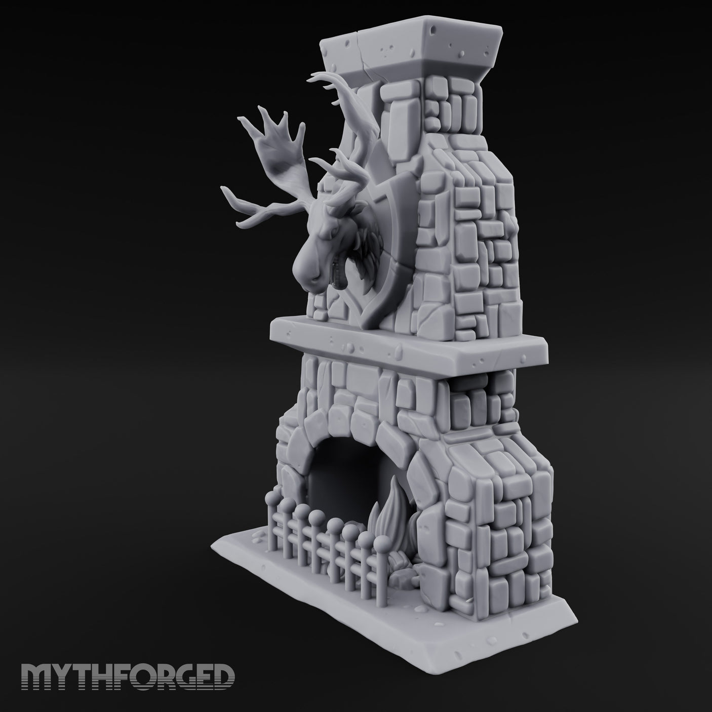 Antler-Mounted Flame-Grated Hunter's Lodge Stone Fireplace Miniature for Dungeons and Dragons, Pathfinder or other TTRPGs