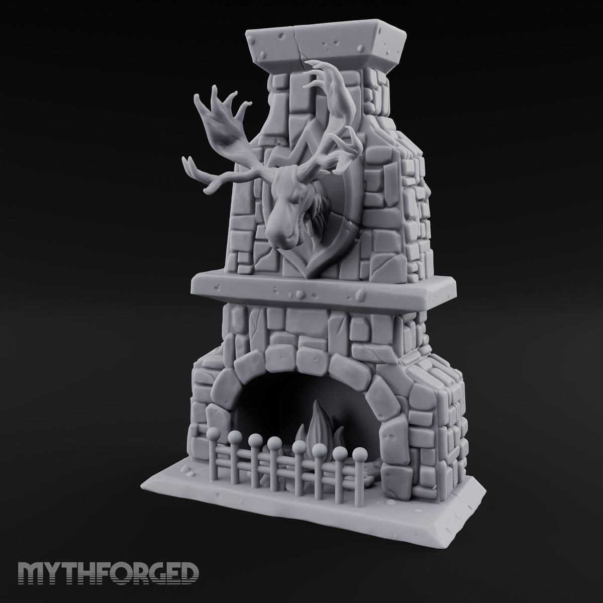 Antler-Mounted Flame-Grated Hunter's Lodge Stone Fireplace Miniature for Dungeons and Dragons, Pathfinder or other TTRPGs