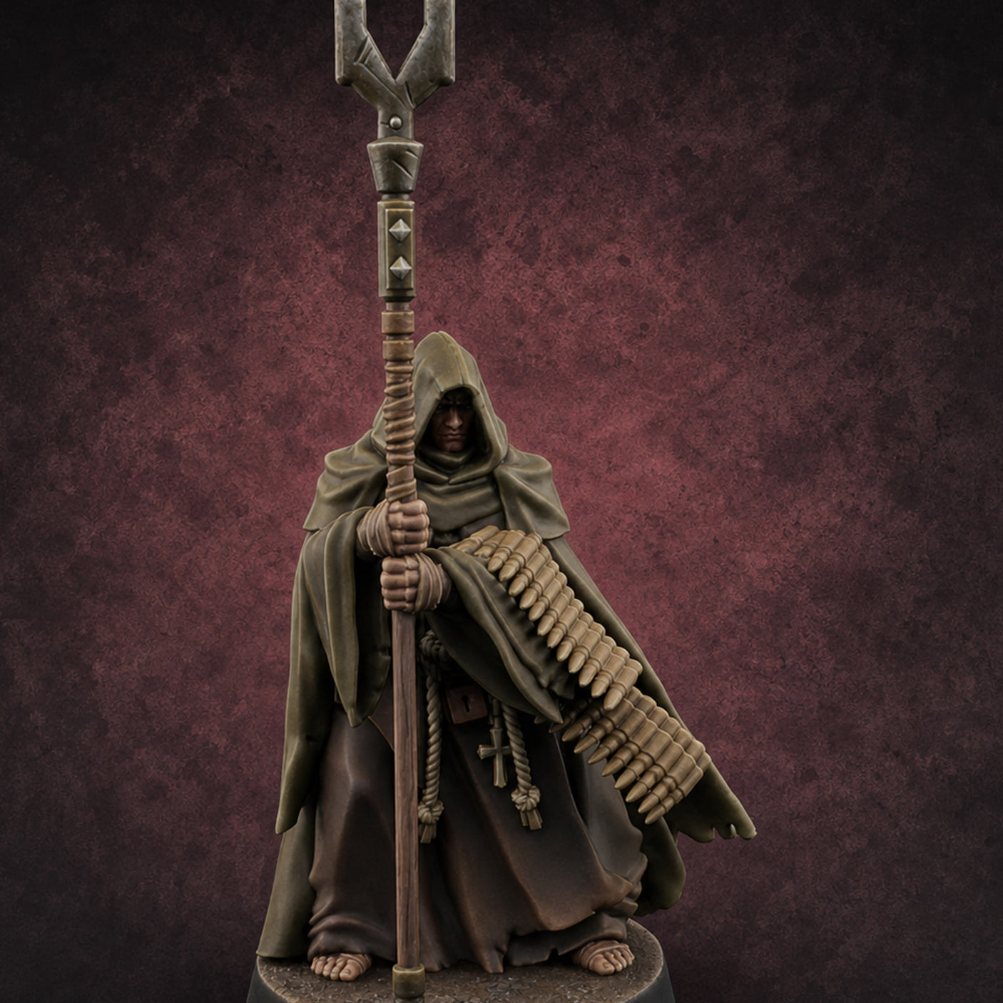 Ammo Draped Fork Staff Gripping Human Monk — painted concept preview (miniature supplied unpainted)