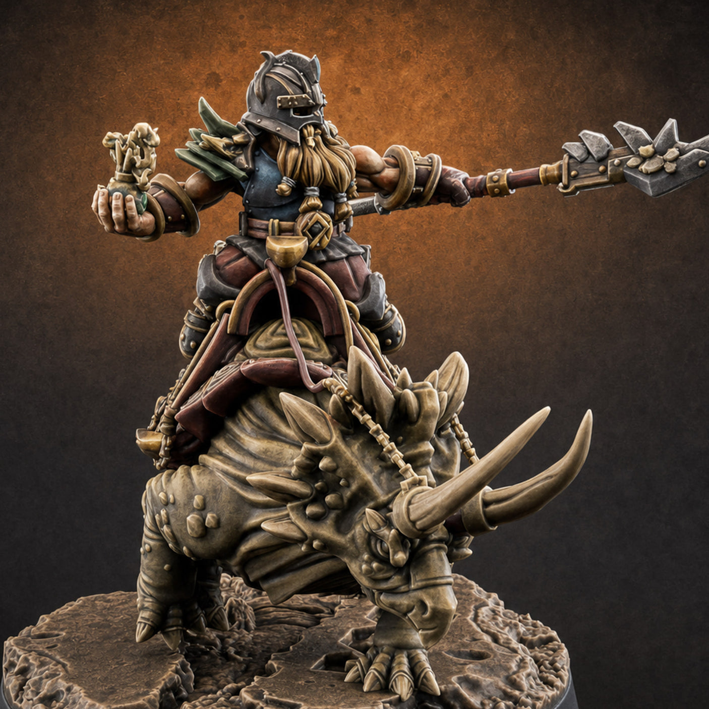 Tusks Raised Bellowing Triceratop Riding Dwarves C — painted concept preview (miniature supplied unpainted)