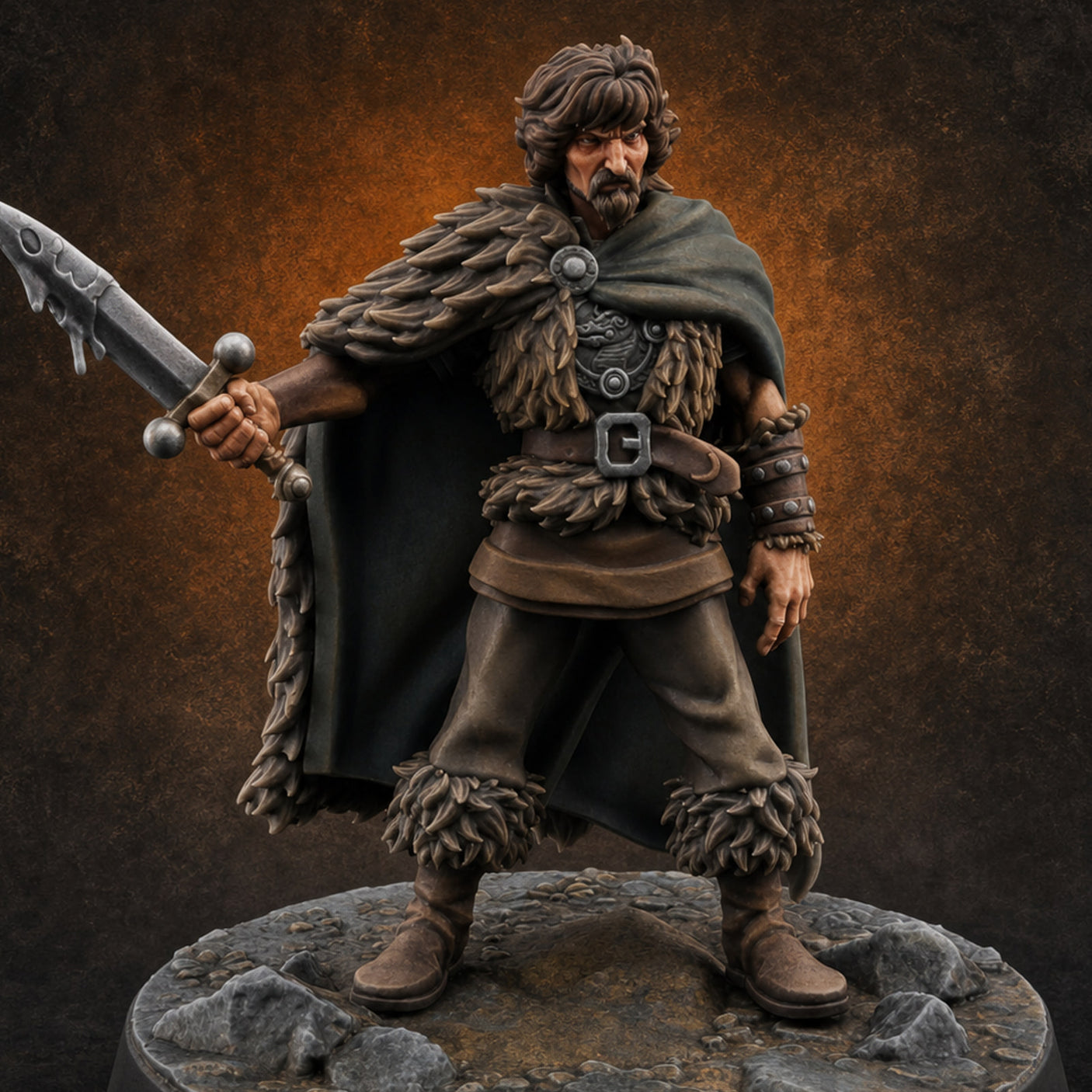 Cape Sweeping Swordsman Human Barbarian — painted concept preview (miniature supplied unpainted)