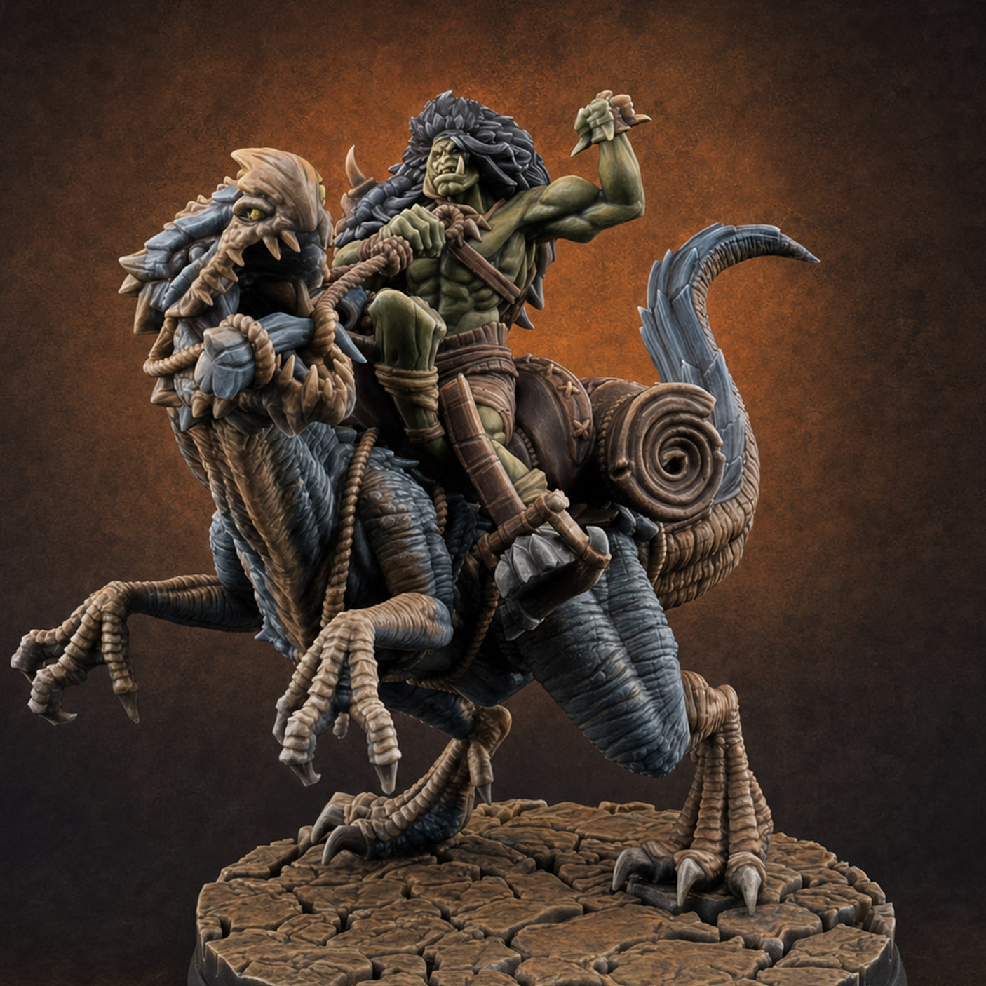 Trunk Raised Triumphant Orc Velociraptor Rider — painted concept preview (miniature supplied unpainted)