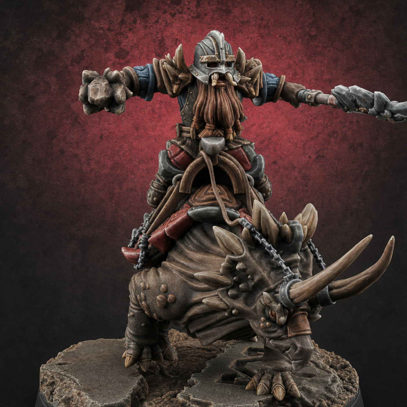 Tusks Raised Bellowing Triceratop Riding Dwarves B — painted concept preview (miniature supplied unpainted)