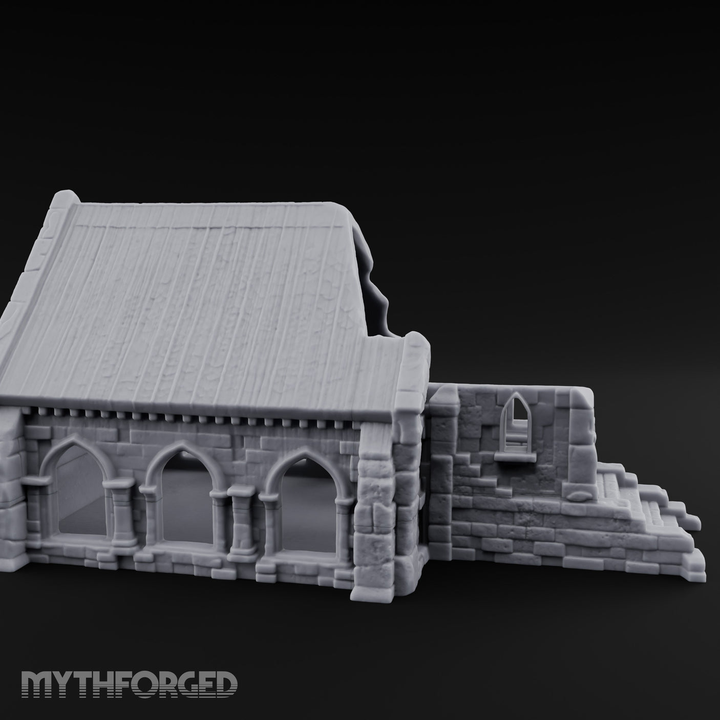 Arch-Shattered Stair-Fronted Stone Chapel Ruins Miniature for Dungeons and Dragons, Pathfinder or other TTRPGs