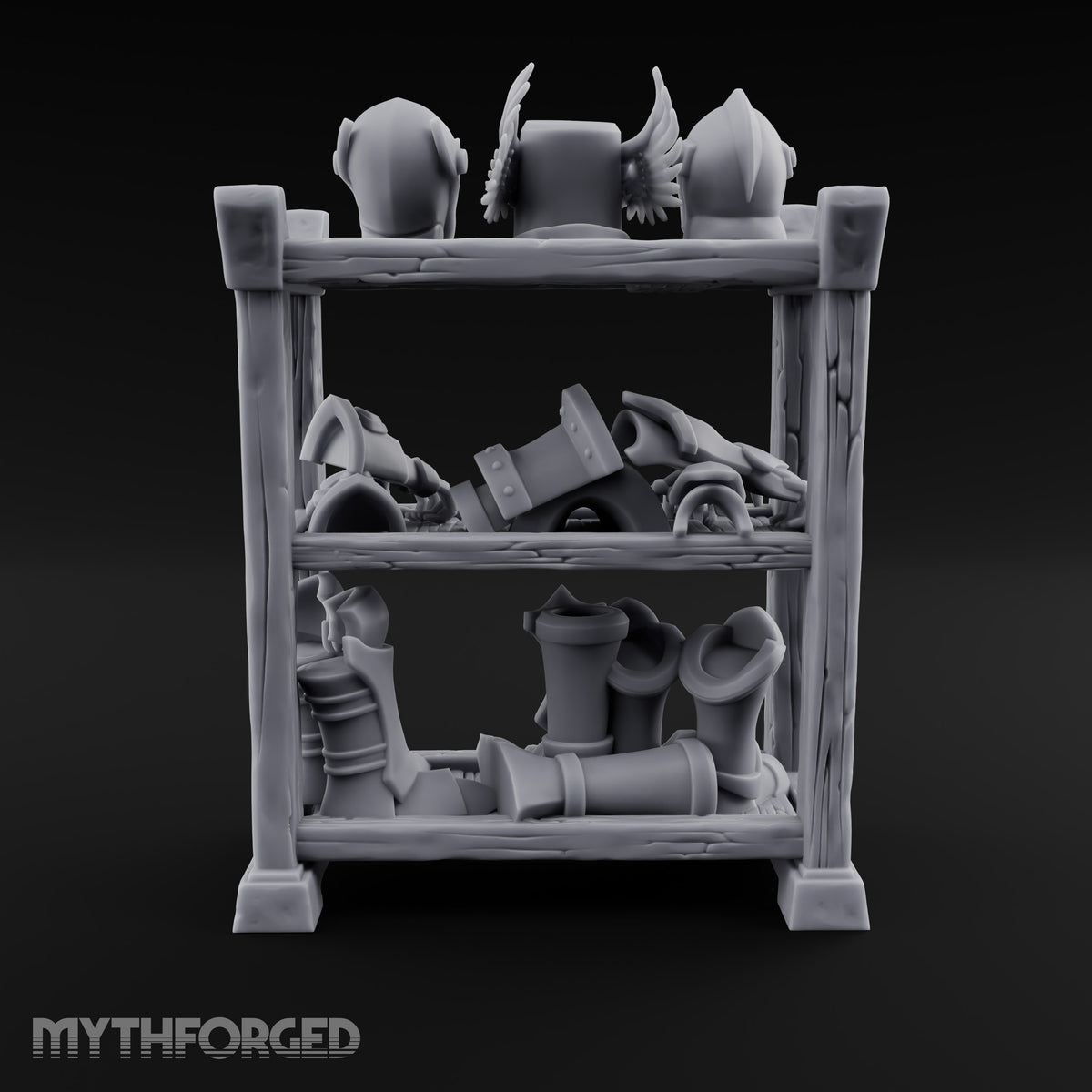 Helms Up, Boots Down Wooden Armour Display Shelf — Stocked