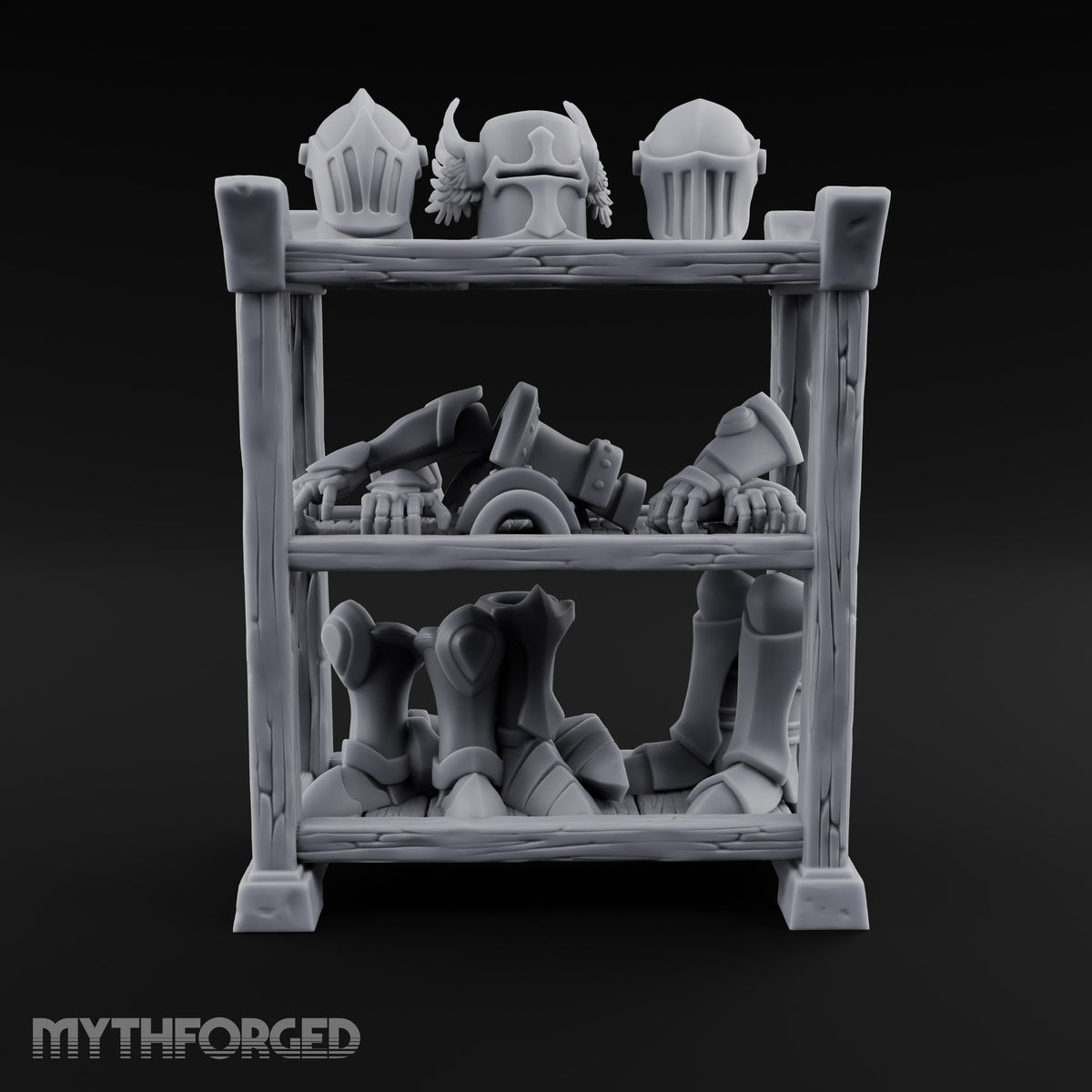 Helms Up, Boots Down Wooden Armour Display Shelf — Stocked