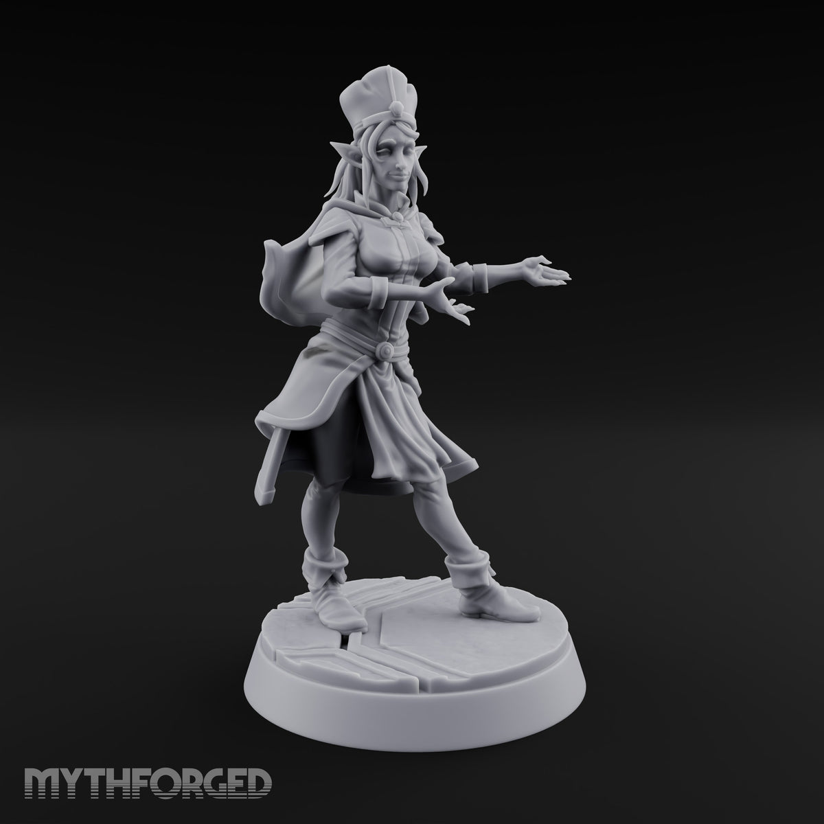 Velvet Rope Poise Elf Female Hostess in Tall Cap and Cape with Presenting Hands