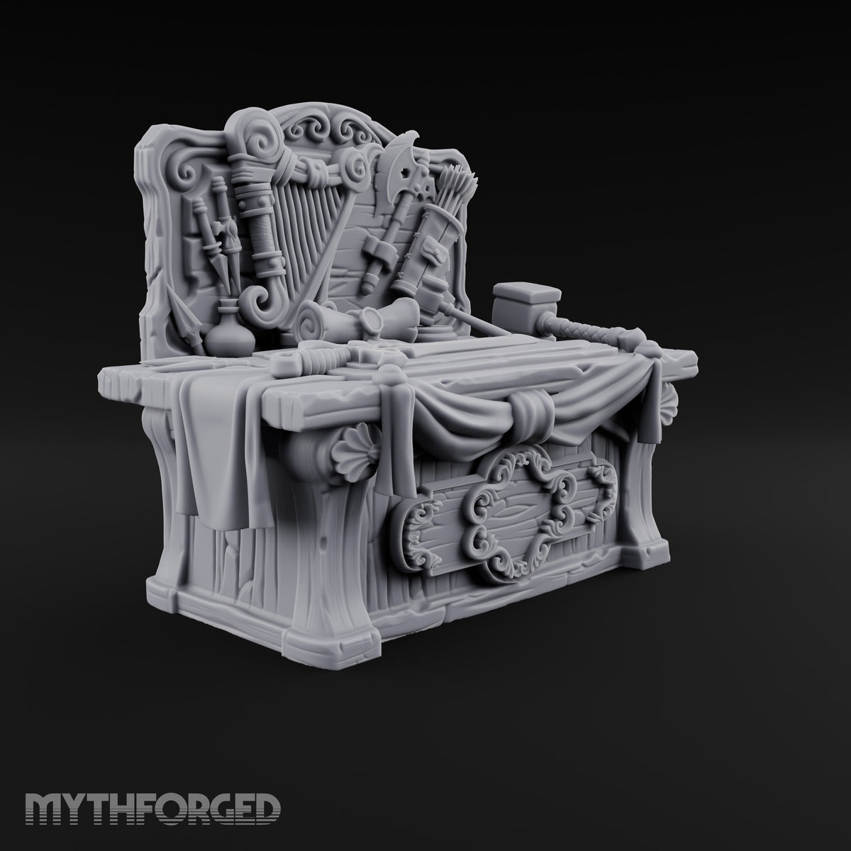 Everything Has a Reserve Price Wooden Display Desk with Draped Counter, Weapon and Harp Backboard, and Gavel