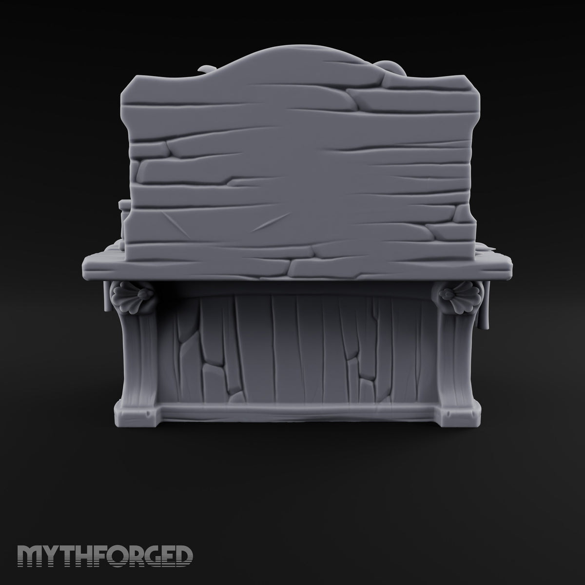 Everything Has a Reserve Price Wooden Display Desk with Draped Counter, Weapon and Harp Backboard, and Gavel