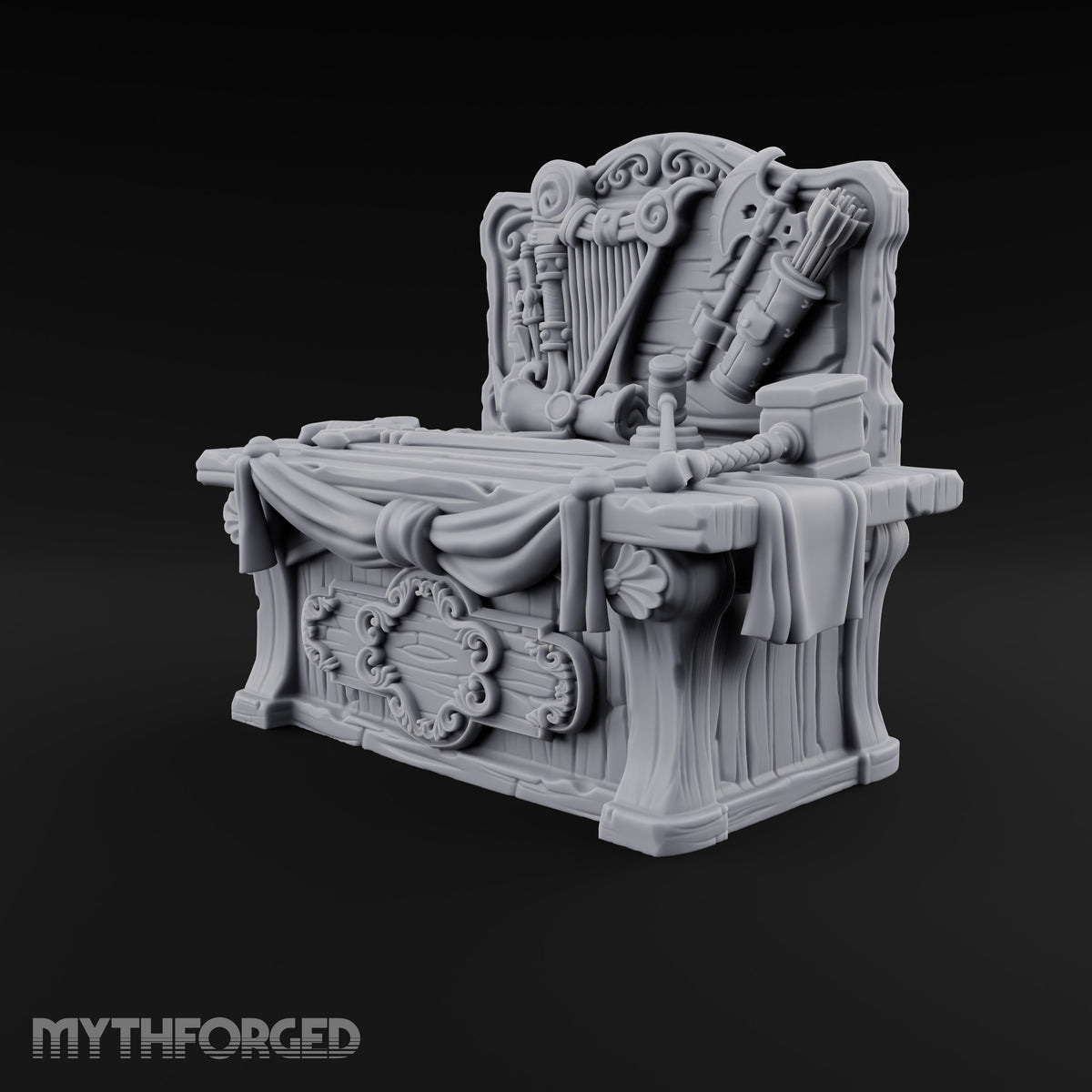 Everything Has a Reserve Price Wooden Display Desk with Draped Counter, Weapon and Harp Backboard, and Gavel