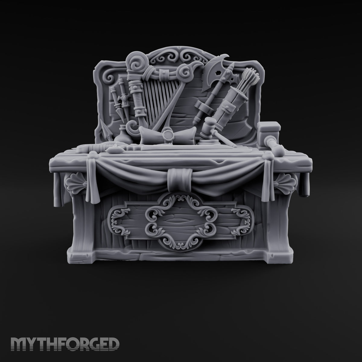 Everything Has a Reserve Price Wooden Display Desk with Draped Counter, Weapon and Harp Backboard, and Gavel