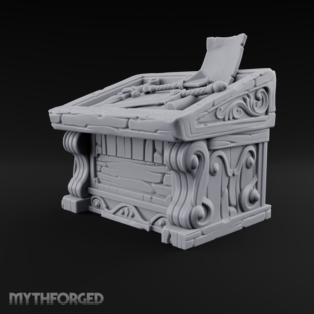 Mace Value Stone-Topped Display Desk with Weapons Tray, Parchment Sheet and Scroll-Carved Supports