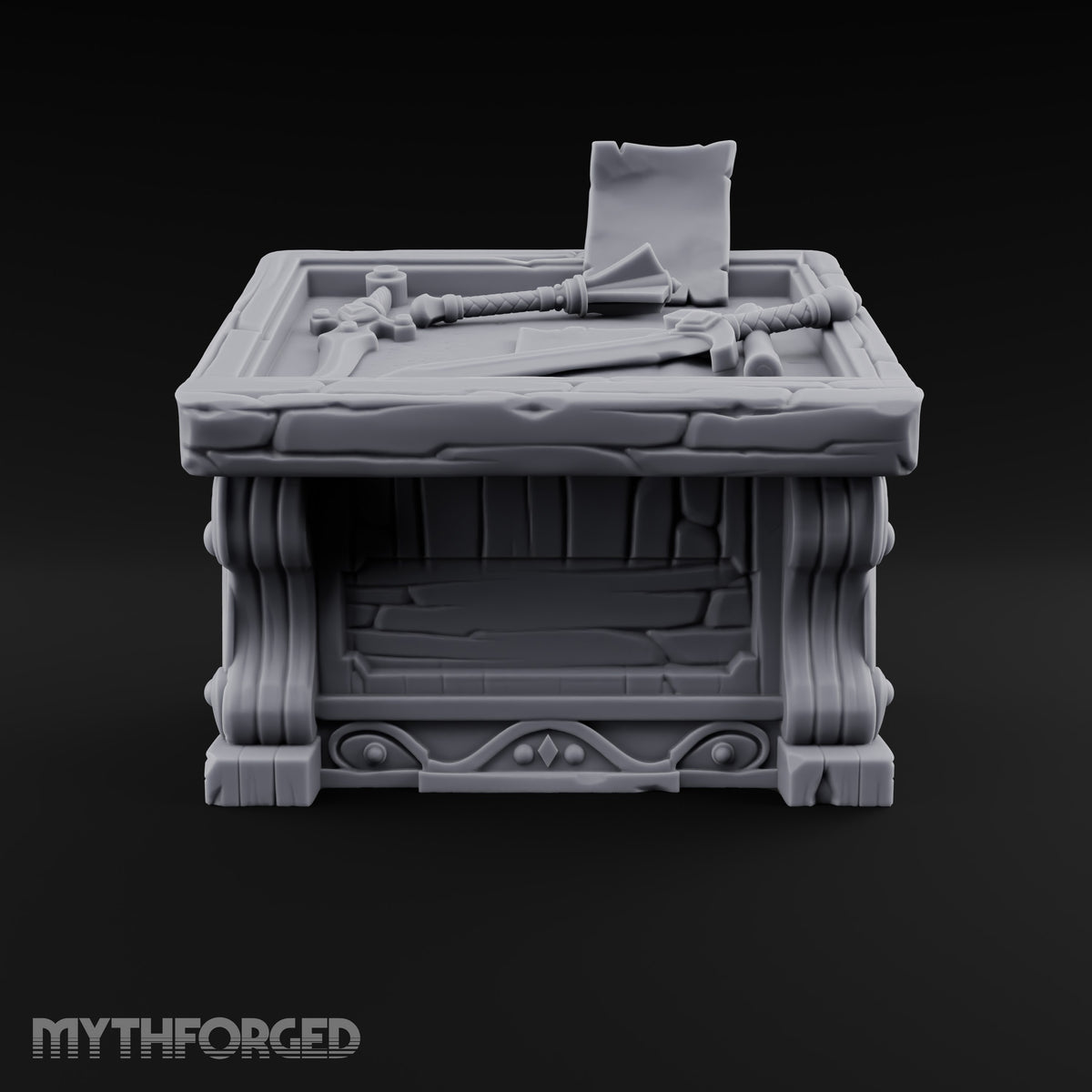Mace Value Stone-Topped Display Desk with Weapons Tray, Parchment Sheet and Scroll-Carved Supports
