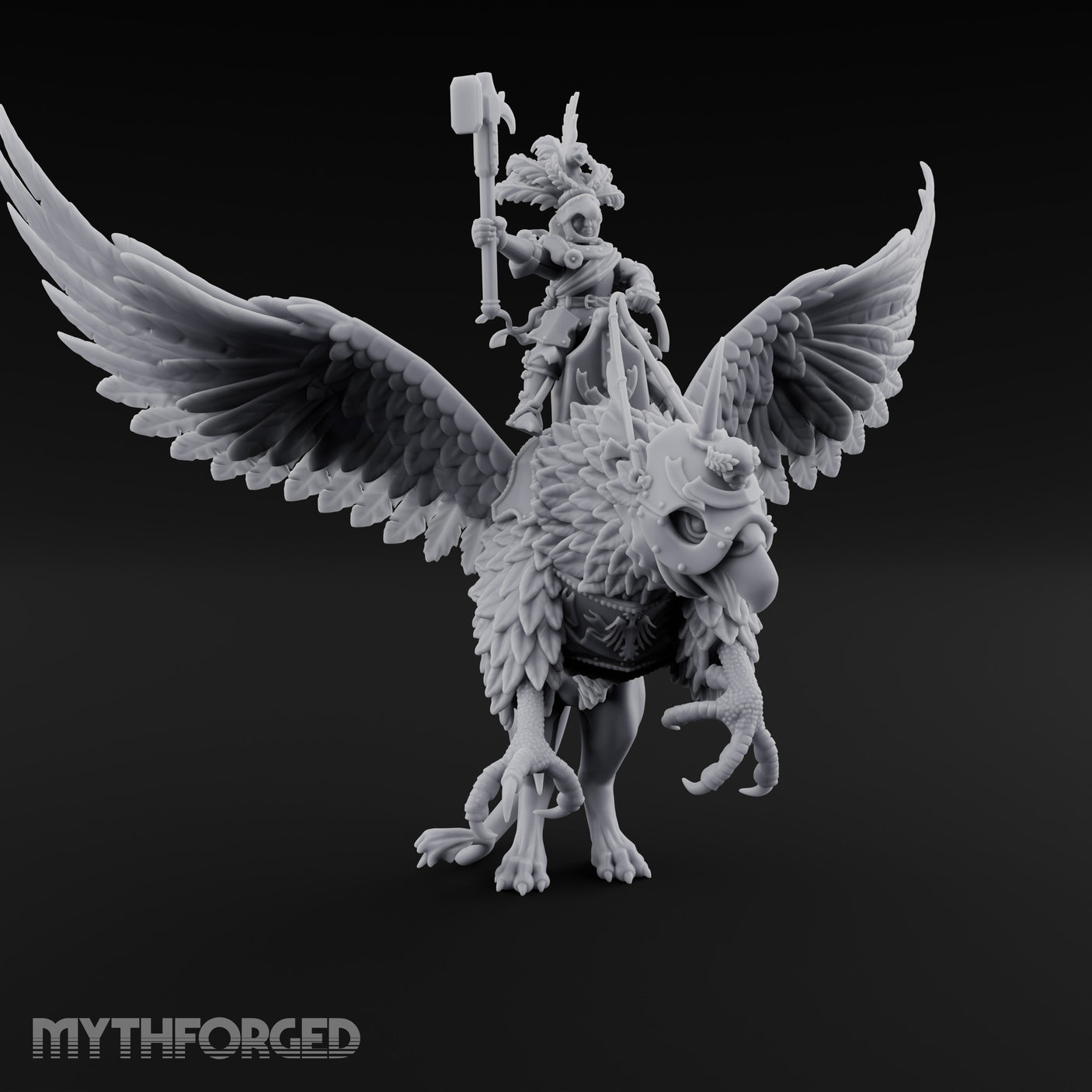 Axe Aloft Griffin Riding Human Emperor on Griffin Miniature for Dungeons and Dragons, Pathfinder or other TTRPGs