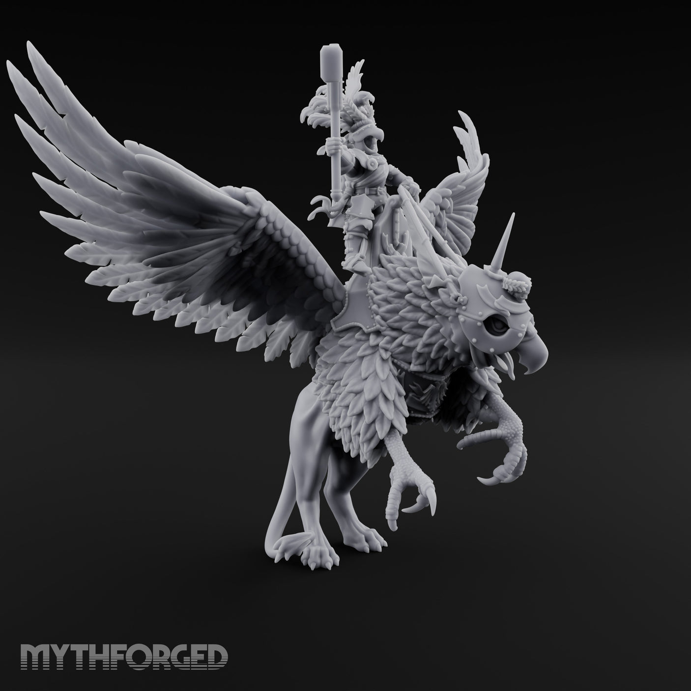 Axe Aloft Griffin Riding Human Emperor on Griffin Miniature for Dungeons and Dragons, Pathfinder or other TTRPGs