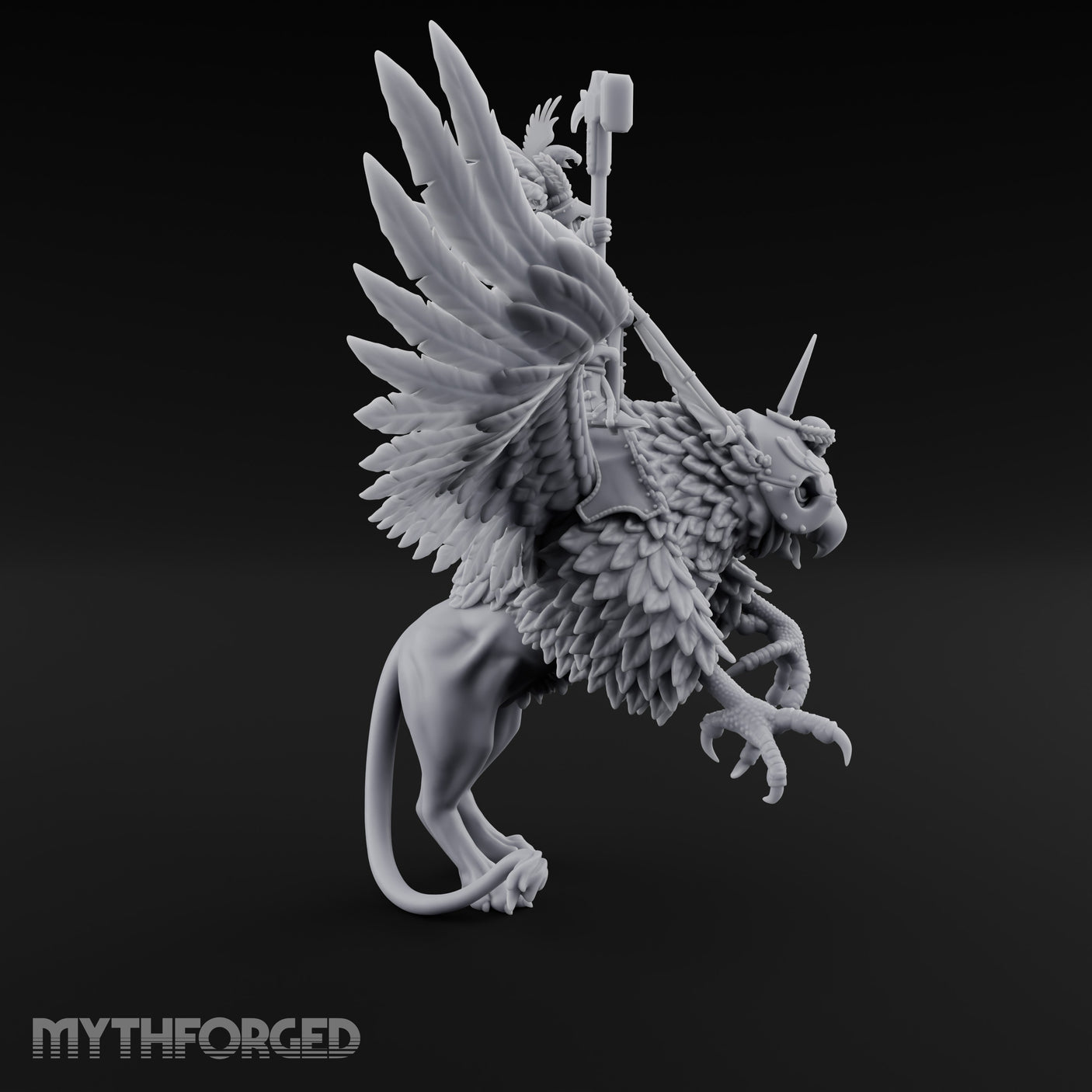 Axe Aloft Griffin Riding Human Emperor on Griffin Miniature for Dungeons and Dragons, Pathfinder or other TTRPGs
