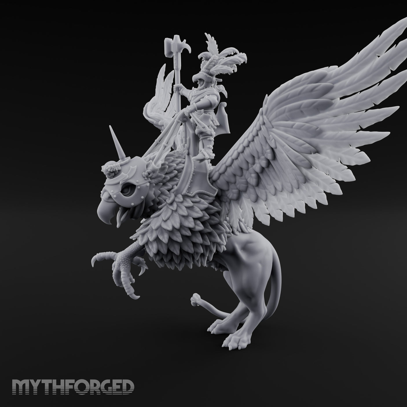 Axe Aloft Griffin Riding Human Emperor on Griffin Miniature for Dungeons and Dragons, Pathfinder or other TTRPGs