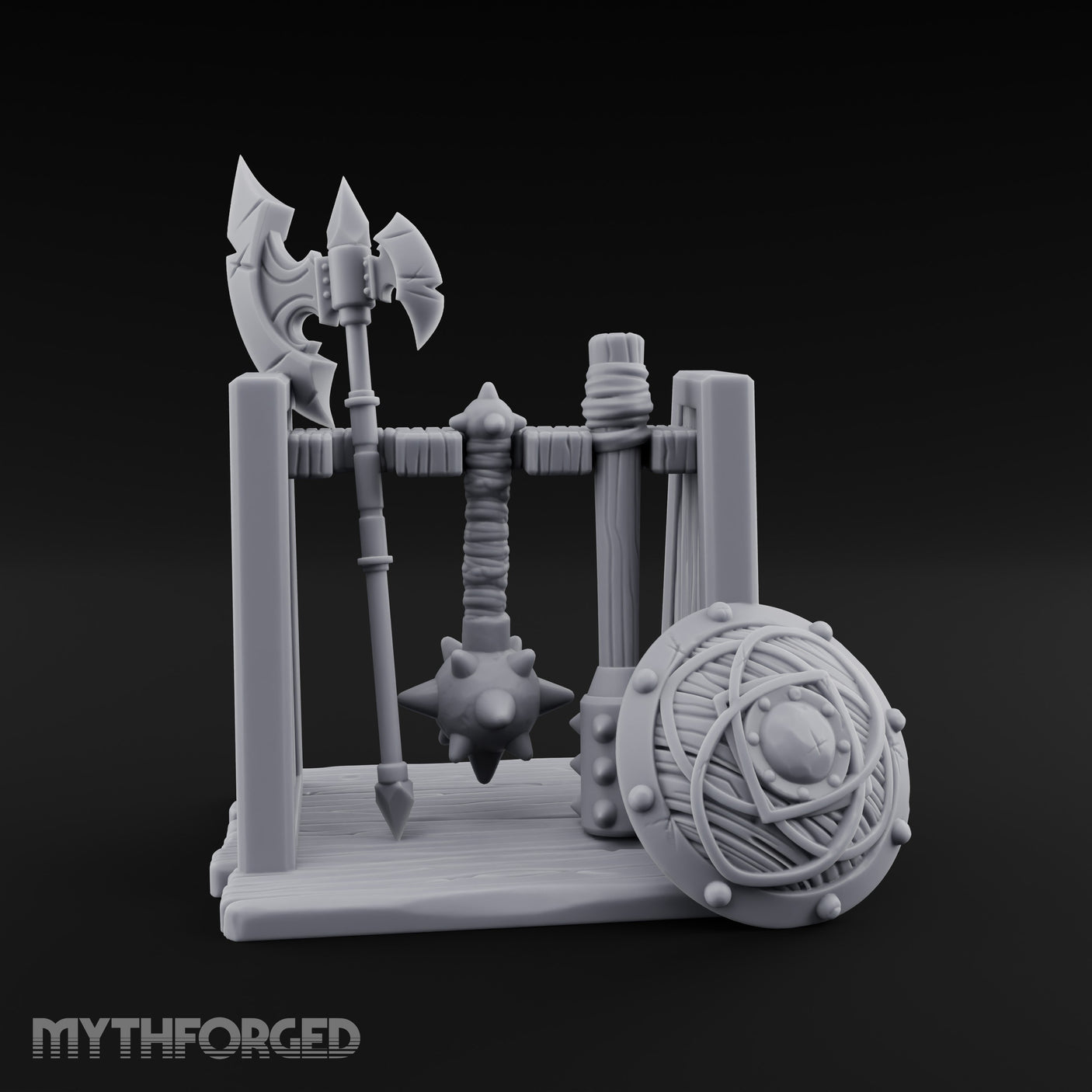 Axe-Crowned Shield-Leaned Tribal Weapon Rack gallery 2