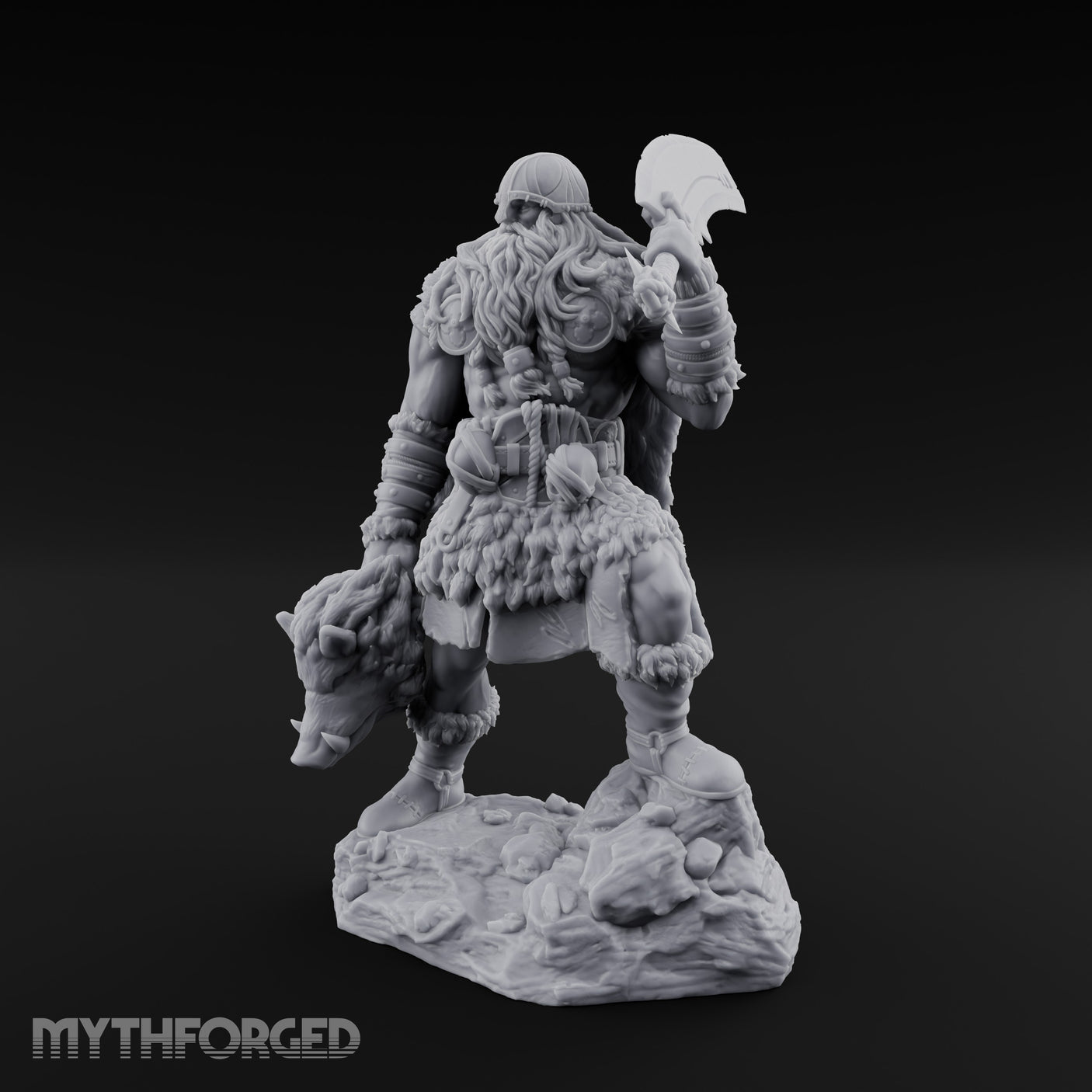 Axe Raised Striding Human Huntmaster Miniature for Dungeons and Dragons, Pathfinder or other TTRPGs