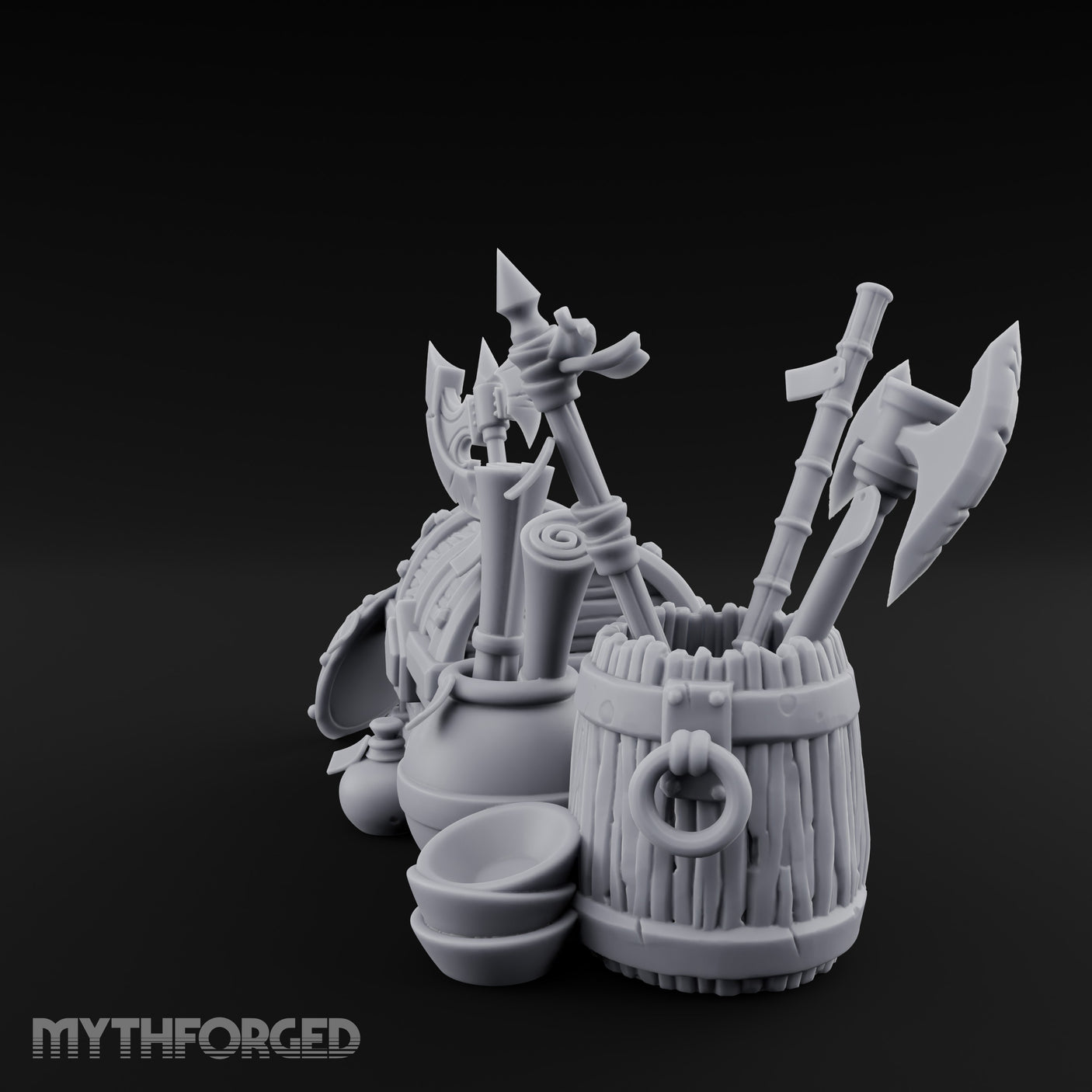 Axe-Stuffed Loot-Laden Warrior's Chest and Barrel Clutter Scene Miniature for Dungeons and Dragons, Pathfinder or other TTRPGs
