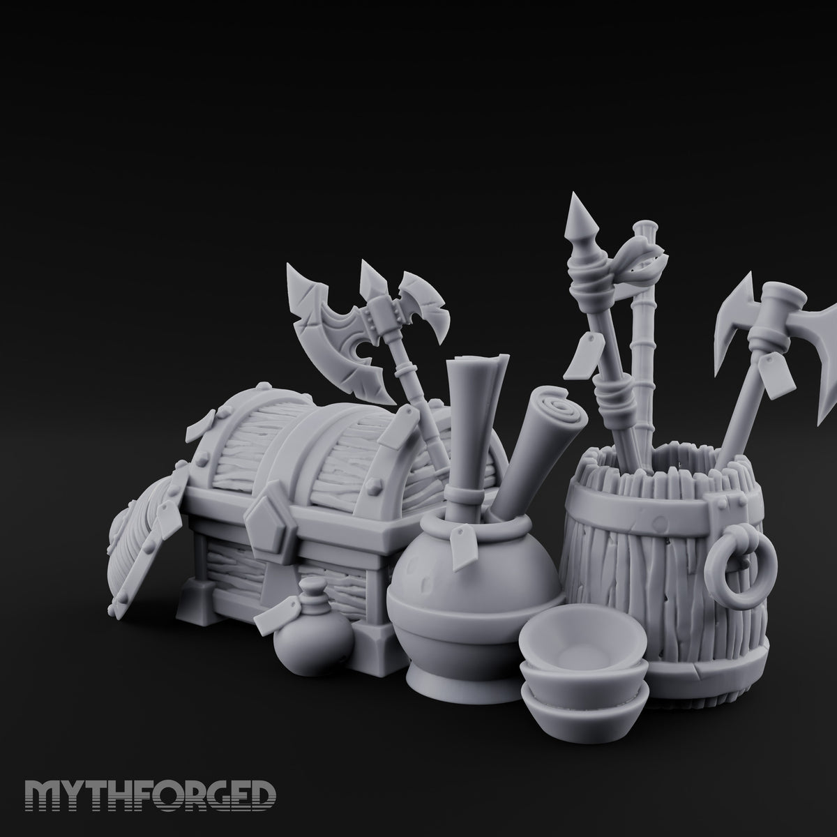 Axe-Stuffed Loot-Laden Warrior's Chest and Barrel Clutter Scene Miniature for Dungeons and Dragons, Pathfinder or other TTRPGs