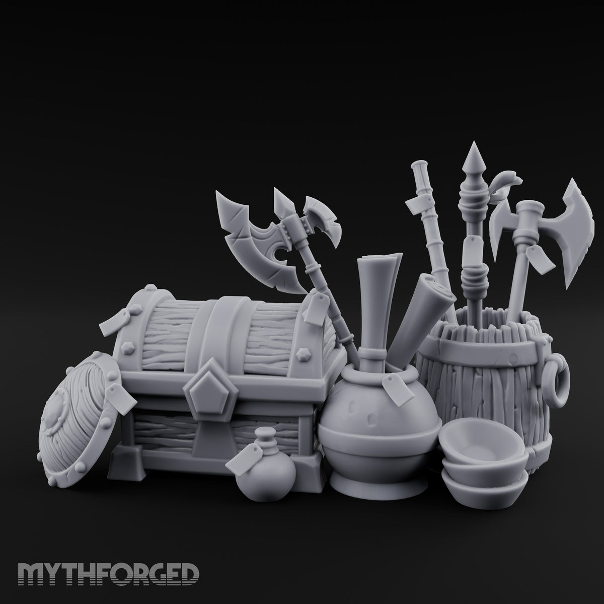 Axe-Stuffed Loot-Laden Warrior's Chest and Barrel Clutter Scene Miniature for Dungeons and Dragons, Pathfinder or other TTRPGs