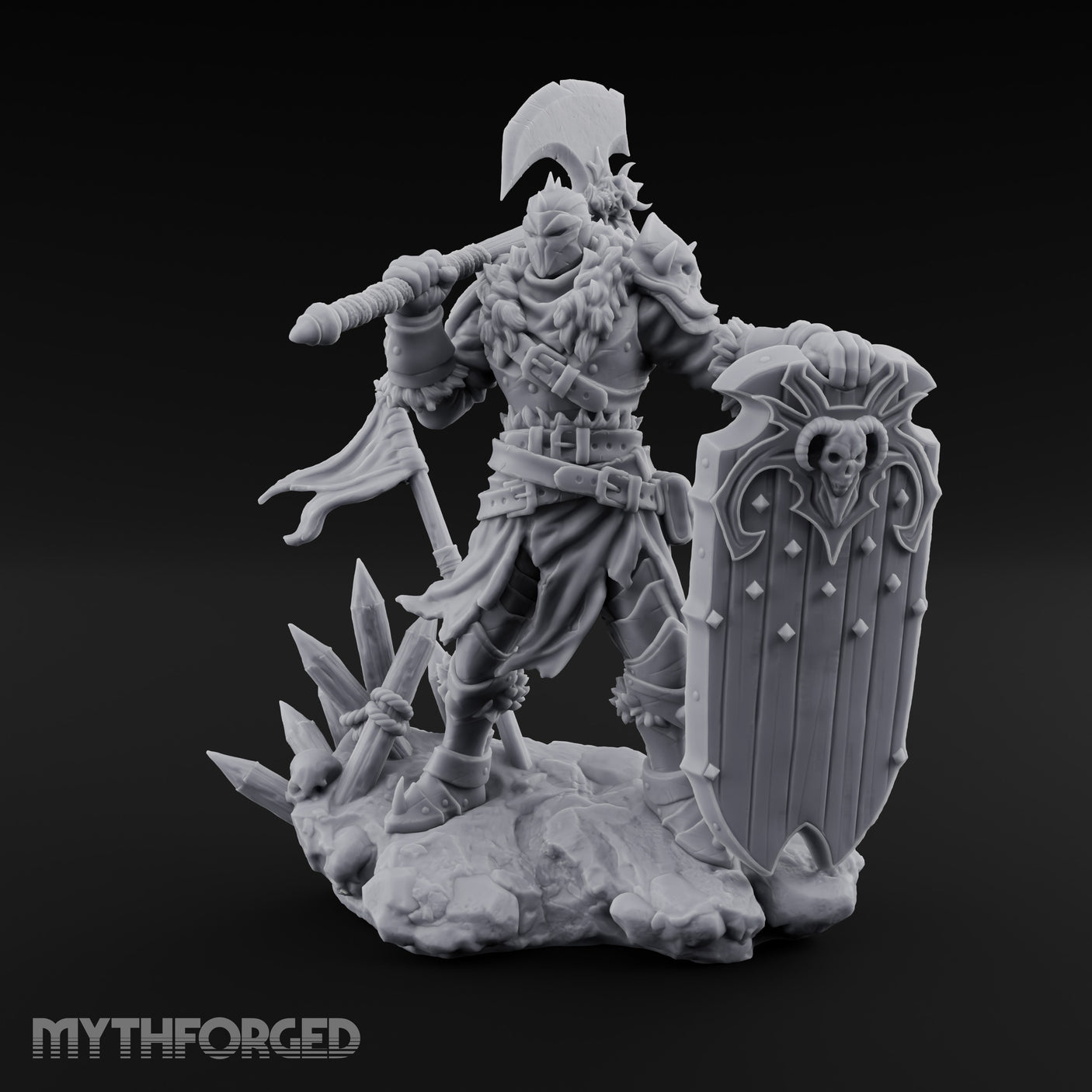 Axe Swinging Shield Lunging Human Warlord Miniature for Dungeons and Dragons, Pathfinder or other TTRPGs