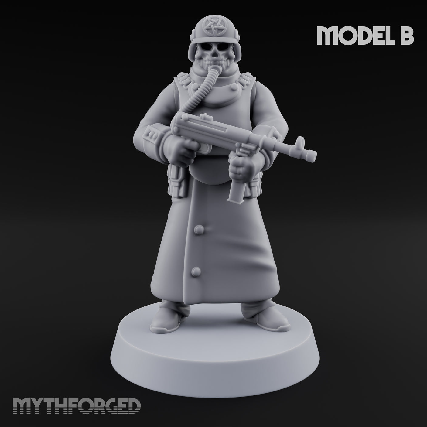 Gas-Masked Trenchcoated Skeleton Trooper B Miniature for Dungeons and Dragons, Pathfinder or other TTRPGs