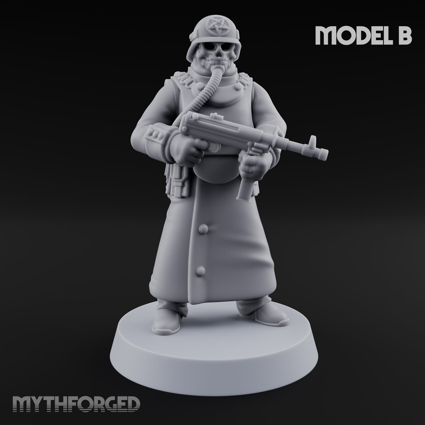 Gas-Masked Trenchcoated Skeleton Trooper B Miniature for Dungeons and Dragons, Pathfinder or other TTRPGs