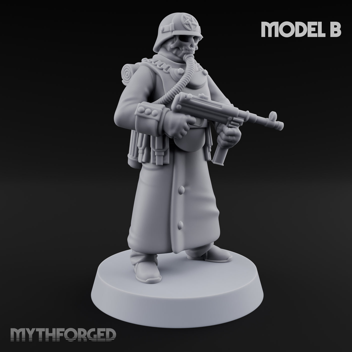Gas-Masked Trenchcoated Skeleton Trooper B Miniature for Dungeons and Dragons, Pathfinder or other TTRPGs
