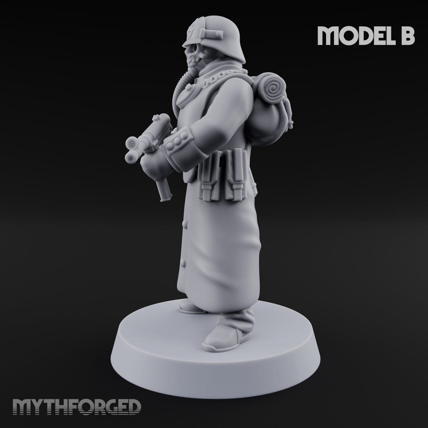 Gas-Masked Trenchcoated Skeleton Trooper B Miniature for Dungeons and Dragons, Pathfinder or other TTRPGs