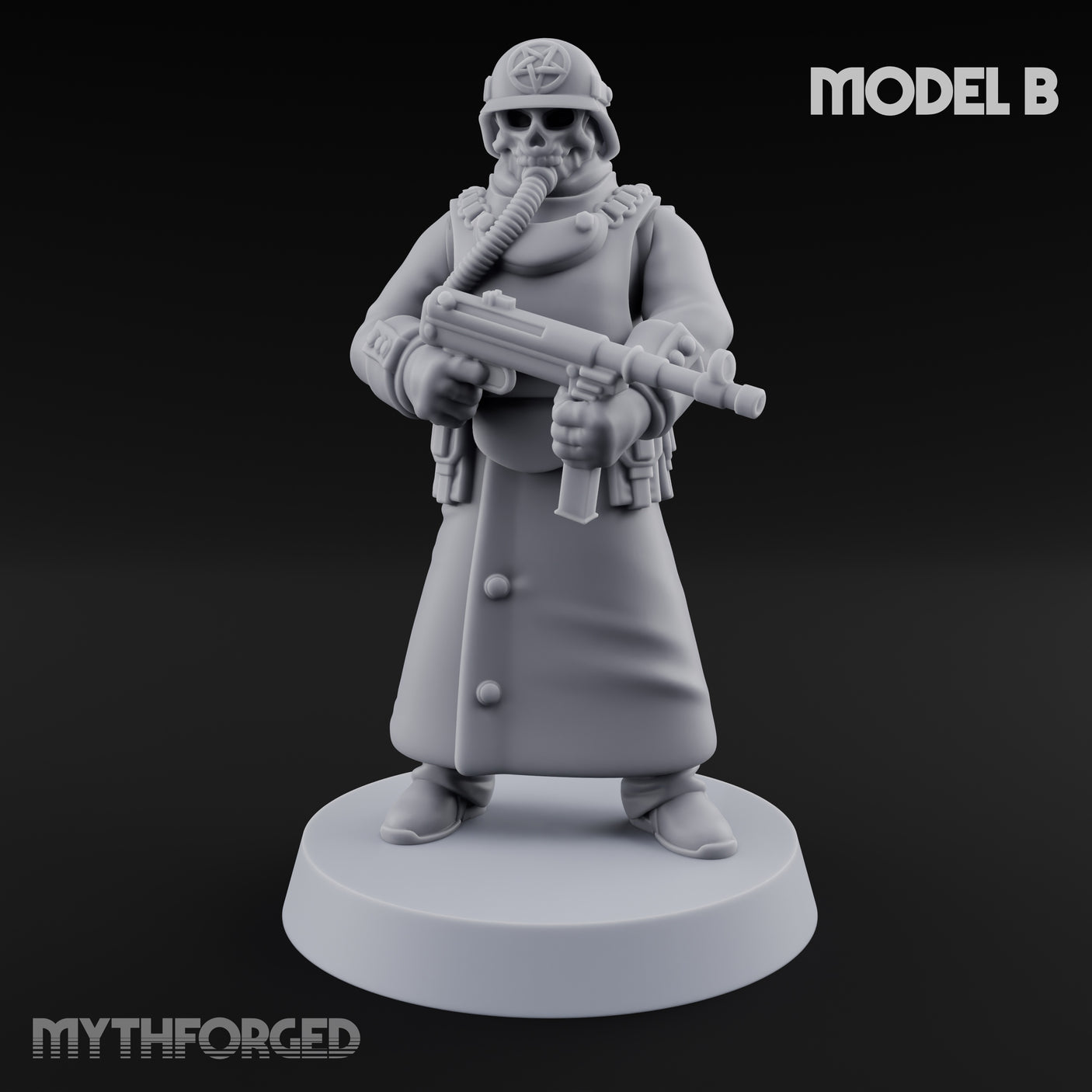 Gas-Masked Trenchcoated Skeleton Trooper B Miniature for Dungeons and Dragons, Pathfinder or other TTRPGs