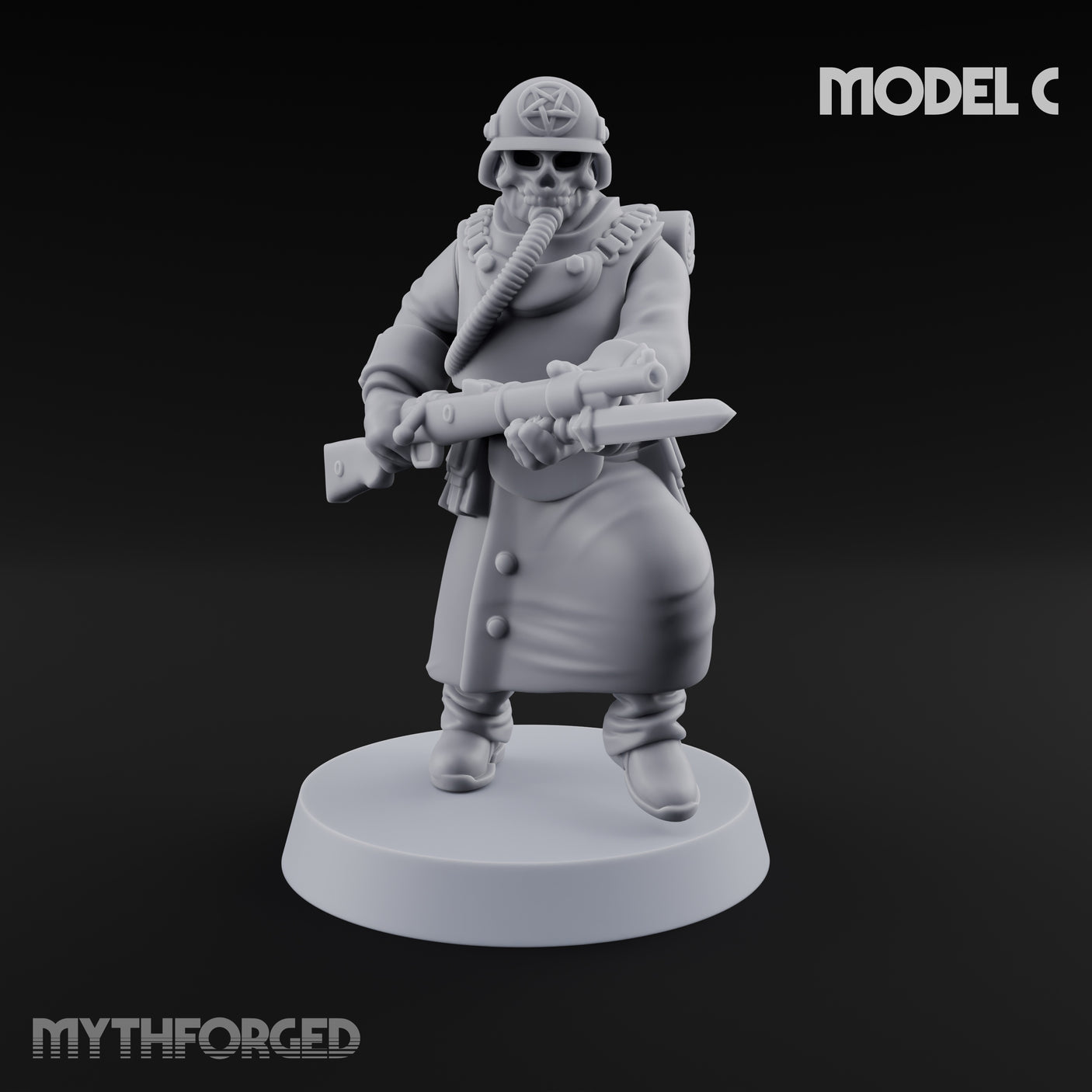 Gas-Masked Trenchcoated Skeleton Trooper C Miniature for Dungeons and Dragons, Pathfinder or other TTRPGs