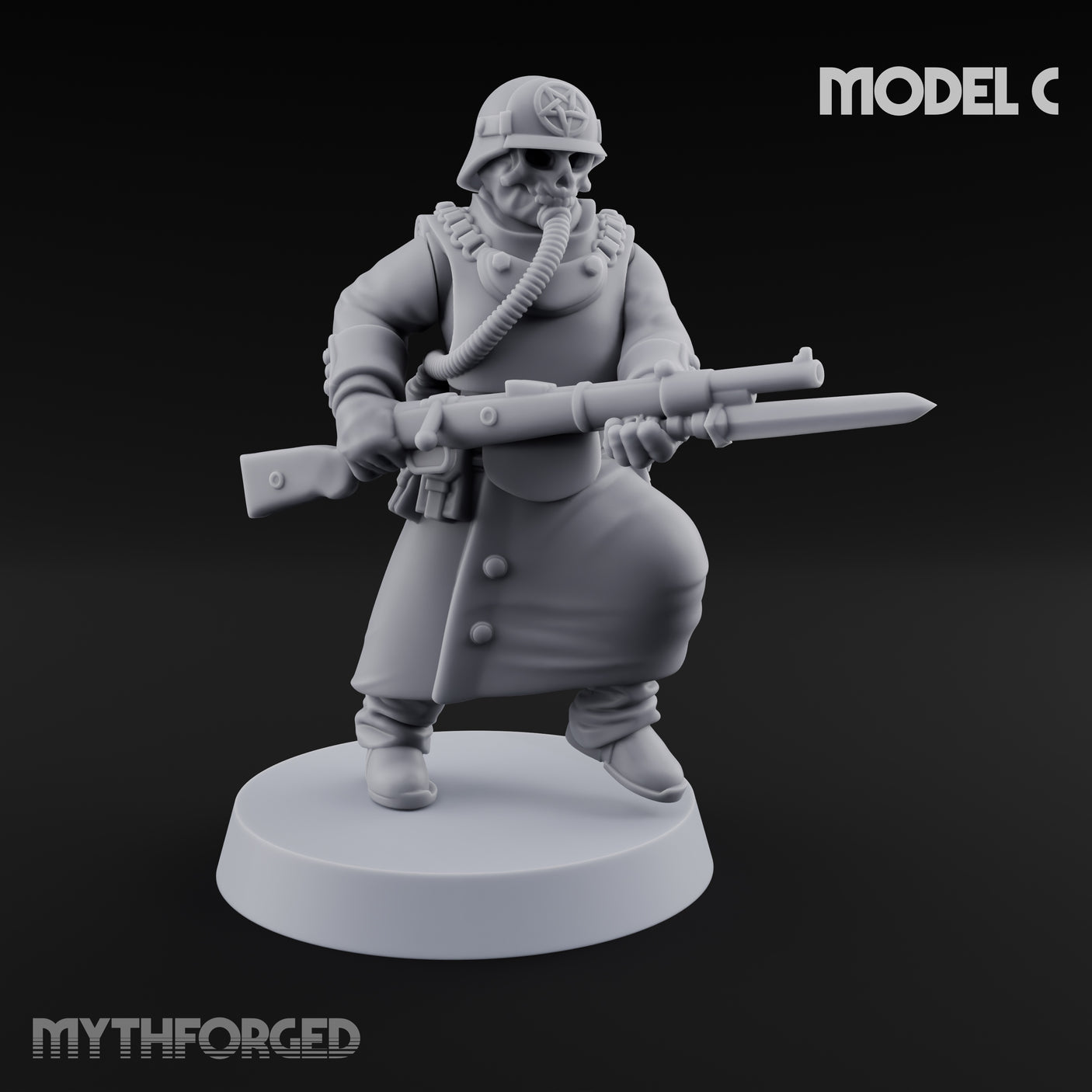 Gas-Masked Trenchcoated Skeleton Trooper C Miniature for Dungeons and Dragons, Pathfinder or other TTRPGs