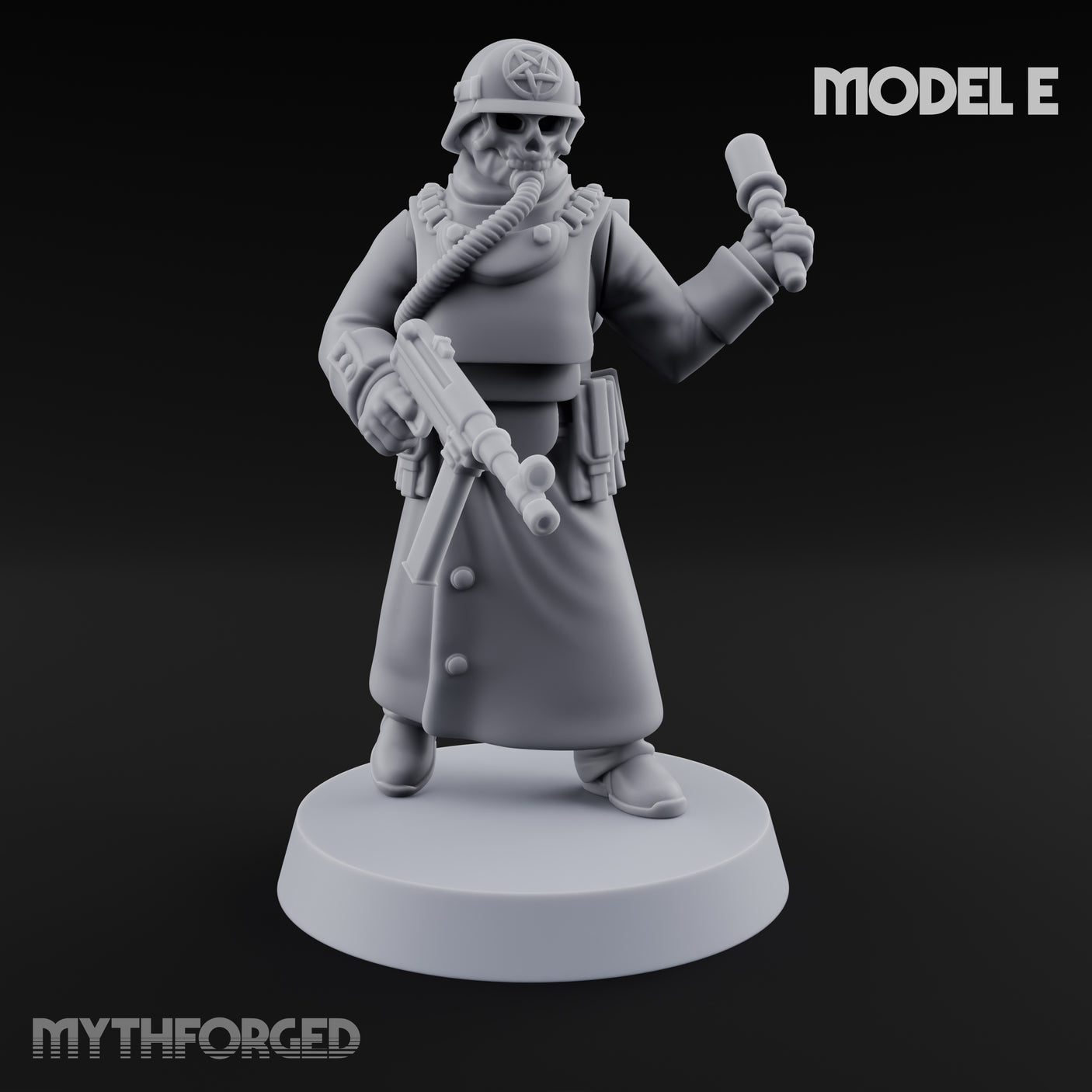Gas-Masked Trenchcoated Skeleton Trooper E Miniature for Dungeons and Dragons, Pathfinder or other TTRPGs