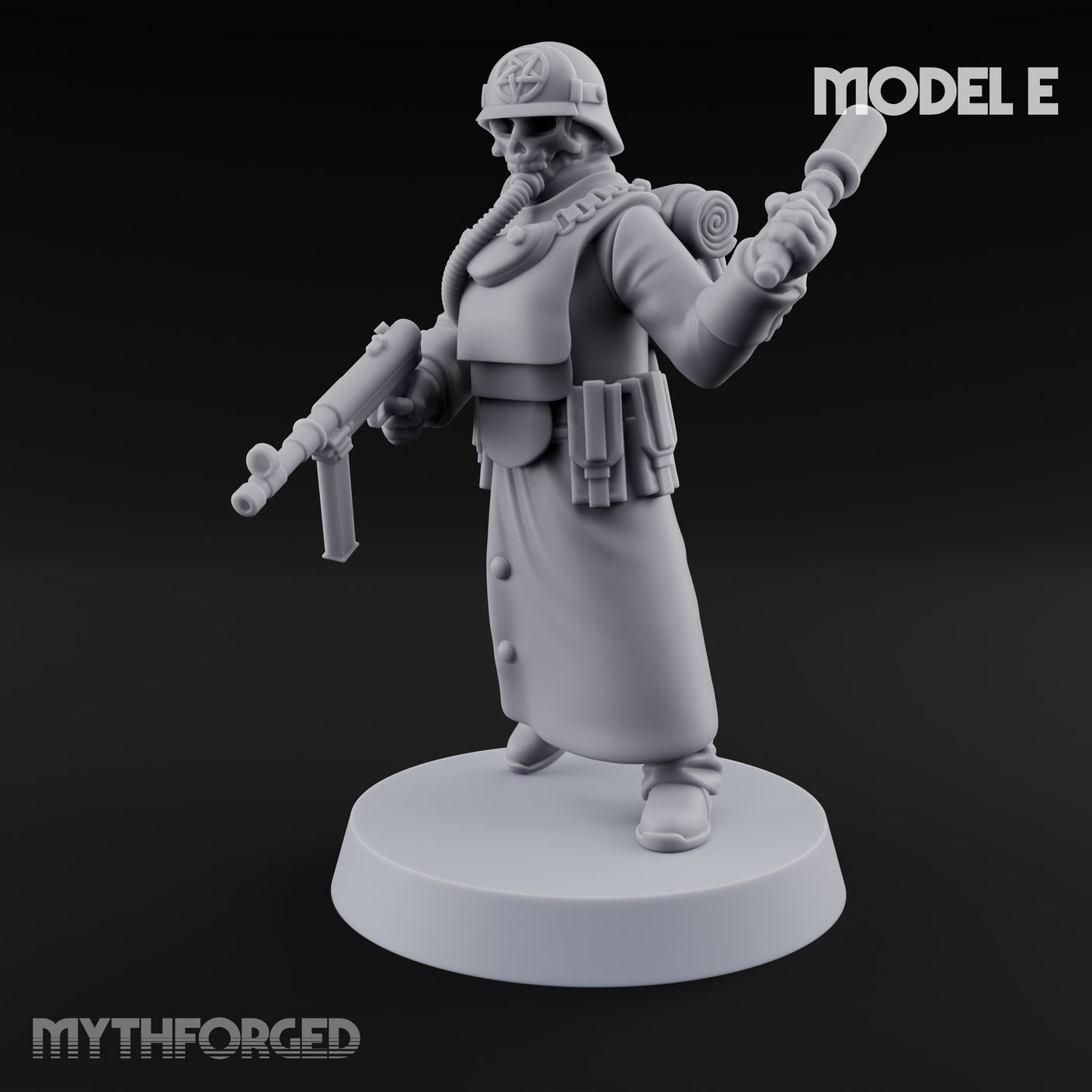 Gas-Masked Trenchcoated Skeleton Trooper E Miniature for Dungeons and Dragons, Pathfinder or other TTRPGs