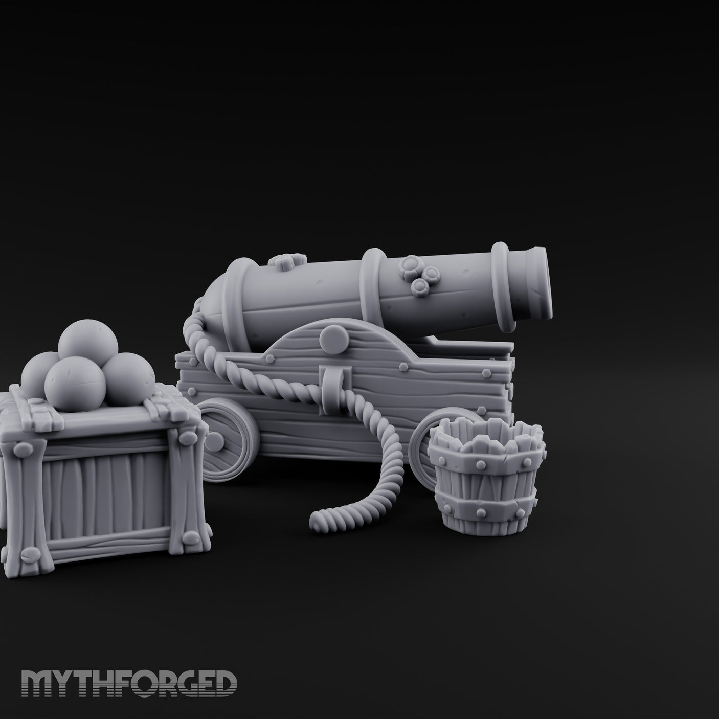 Ball-Stacked Rope-Trussed Ship Cannon and Ammunition Scene Miniature for Dungeons and Dragons, Pathfinder or other TTRPGs