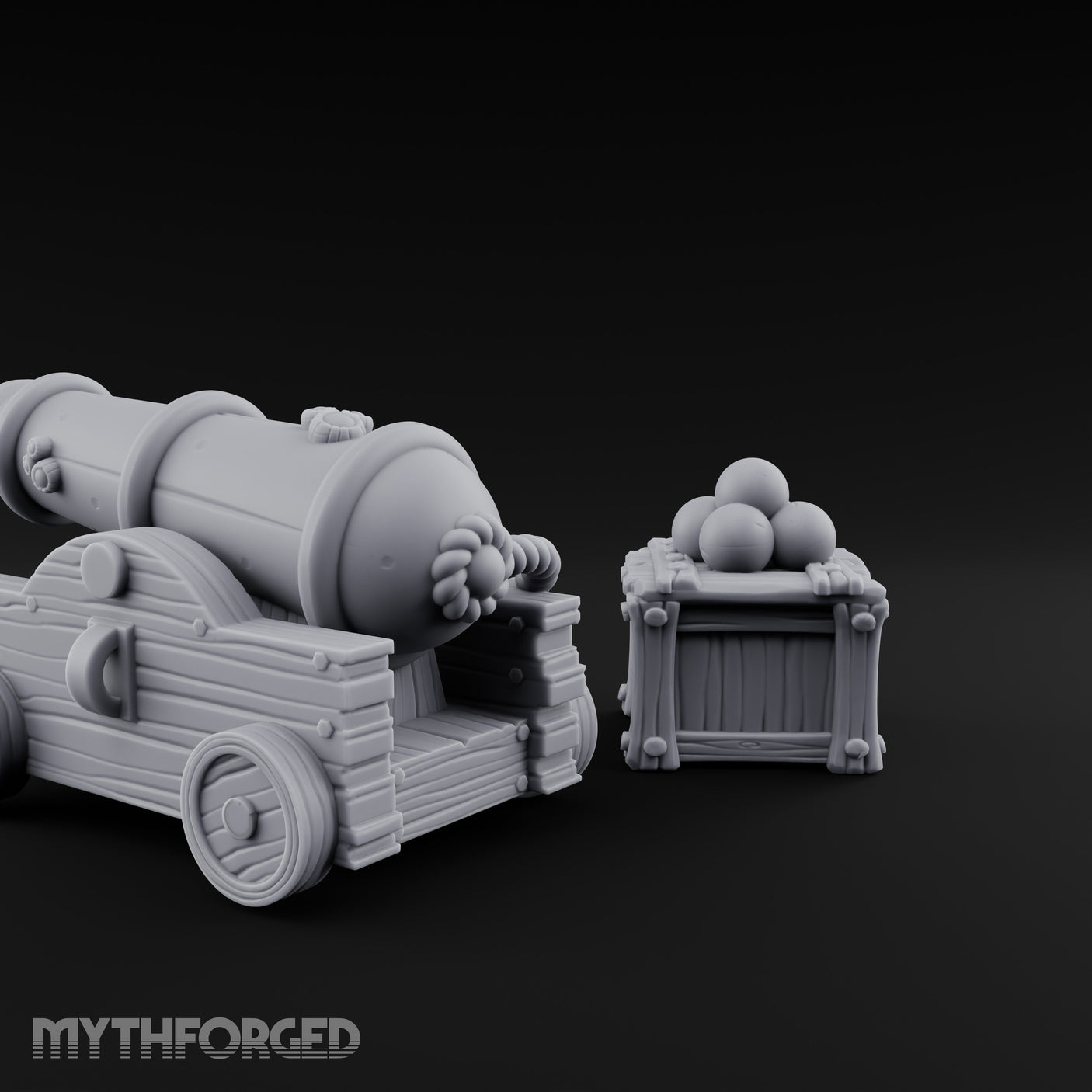 Ball-Stacked Rope-Trussed Ship Cannon and Ammunition Scene Miniature for Dungeons and Dragons, Pathfinder or other TTRPGs
