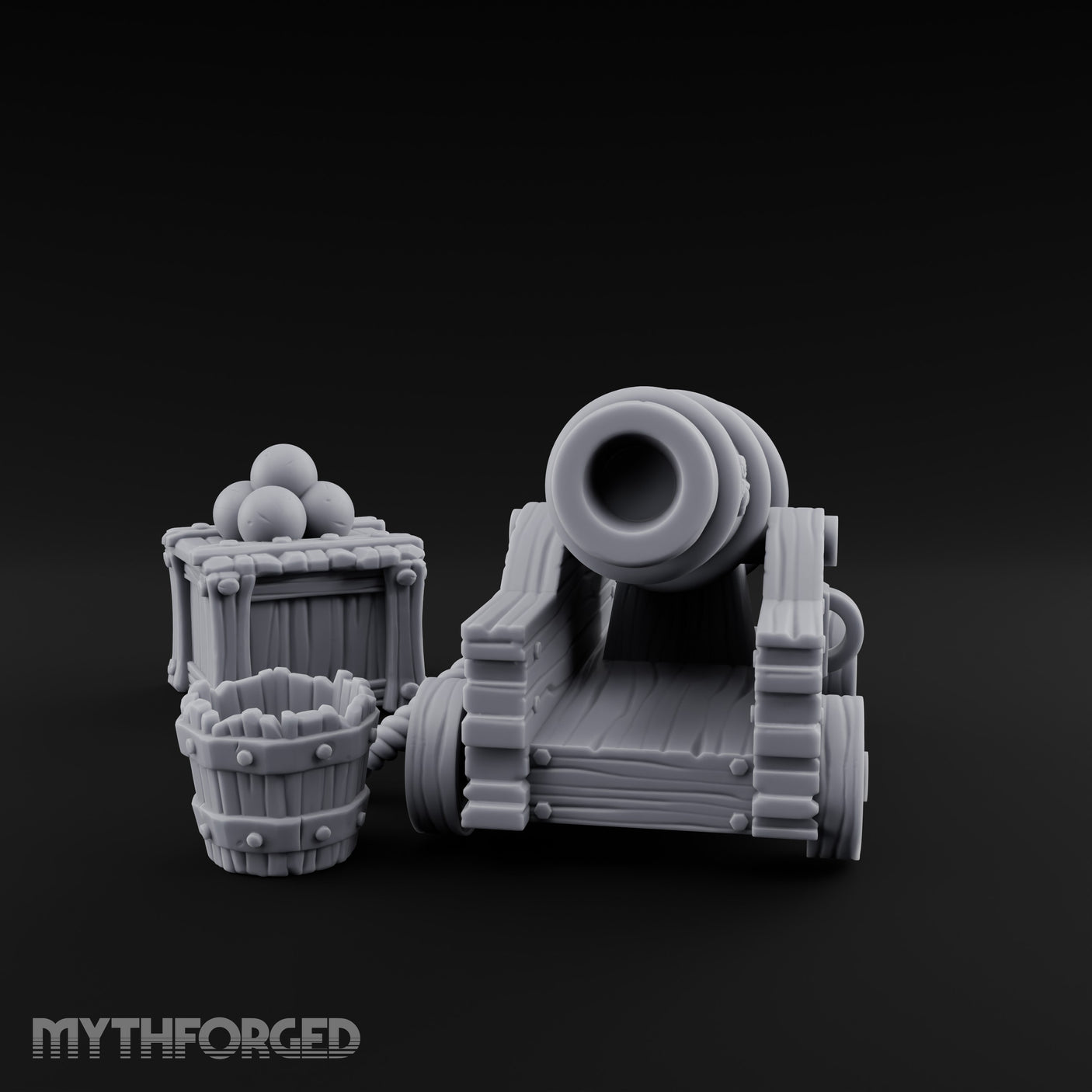 Ball-Stacked Rope-Trussed Ship Cannon and Ammunition Scene Miniature for Dungeons and Dragons, Pathfinder or other TTRPGs
