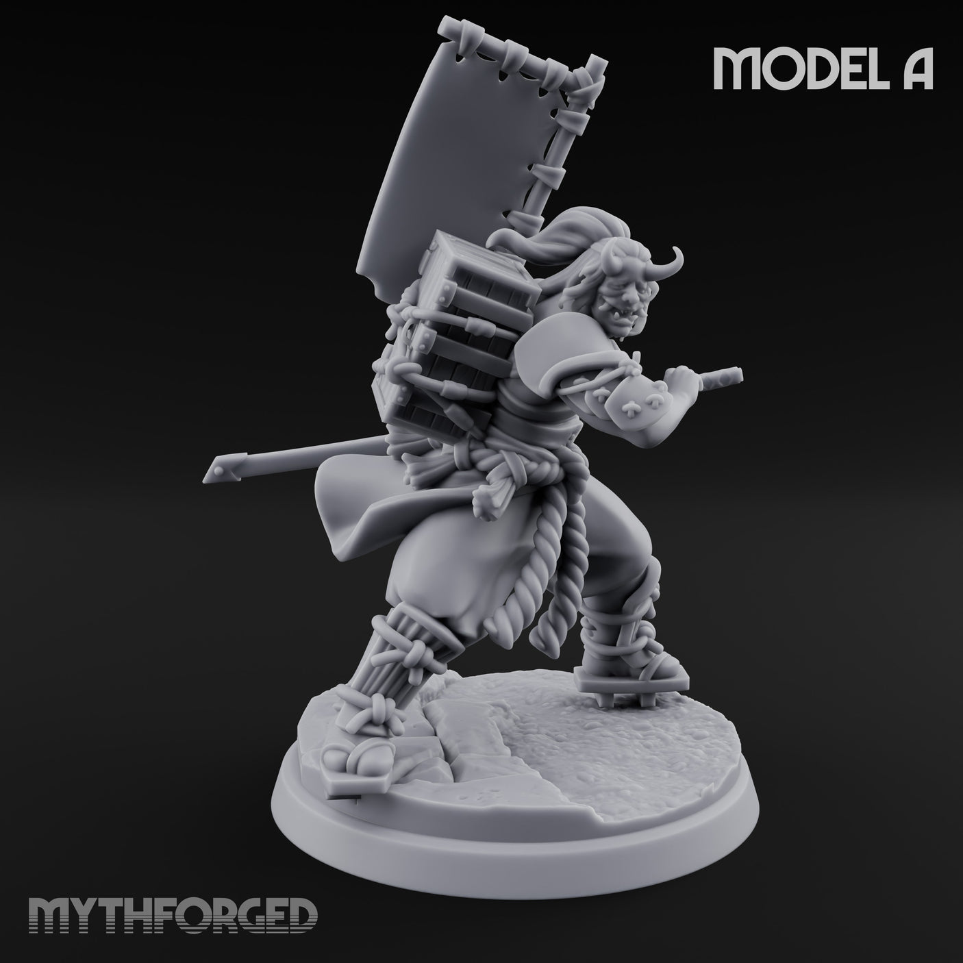 Banner Bearing Blade Drawing Oni Swordsman A Miniature for Dungeons and Dragons, Pathfinder or other TTRPGs