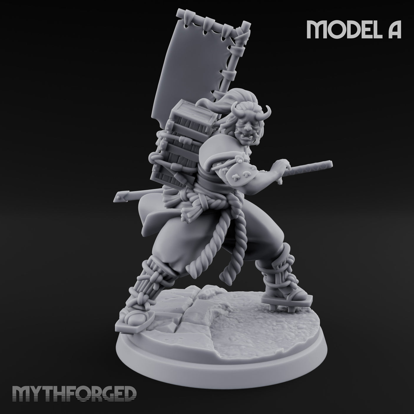 Banner Bearing Blade Drawing Oni Swordsman A Miniature for Dungeons and Dragons, Pathfinder or other TTRPGs