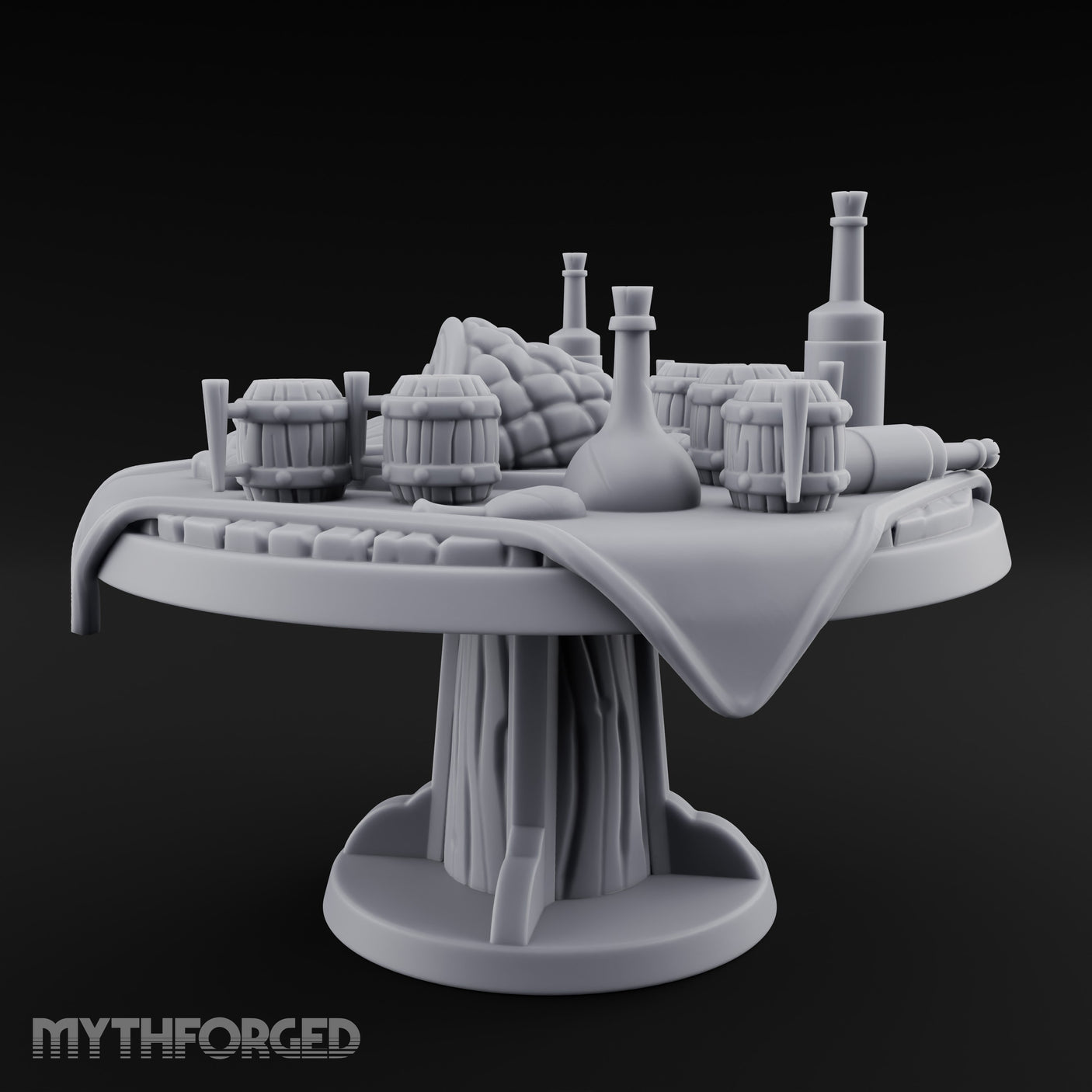 Barrel-Stacked Bottle-Crowded Tavern Market Table Miniature for Dungeons and Dragons, Pathfinder or other TTRPGs